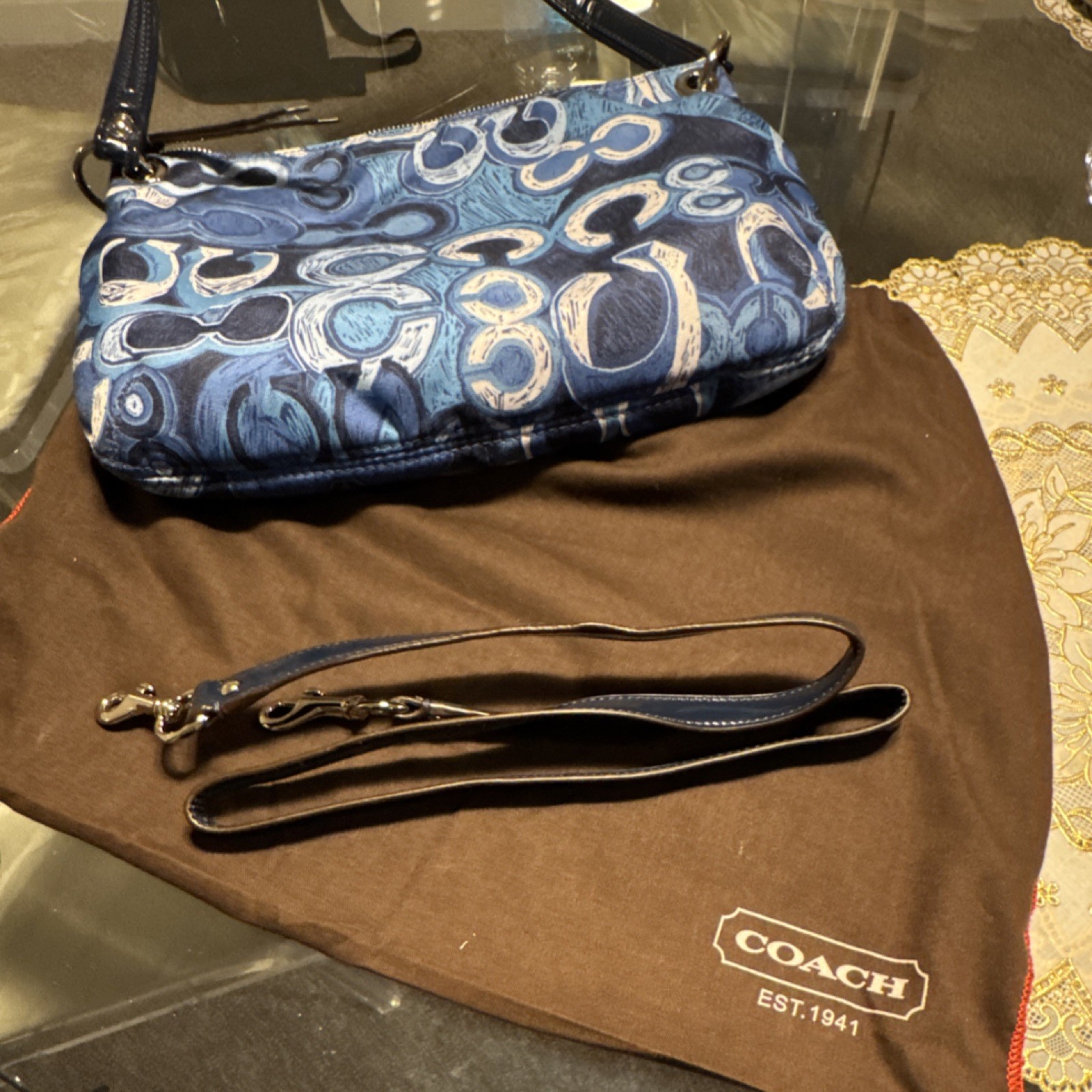 Coach Blue White Logo Pattern Shoulder Bag Detachable Strap Designer Accent