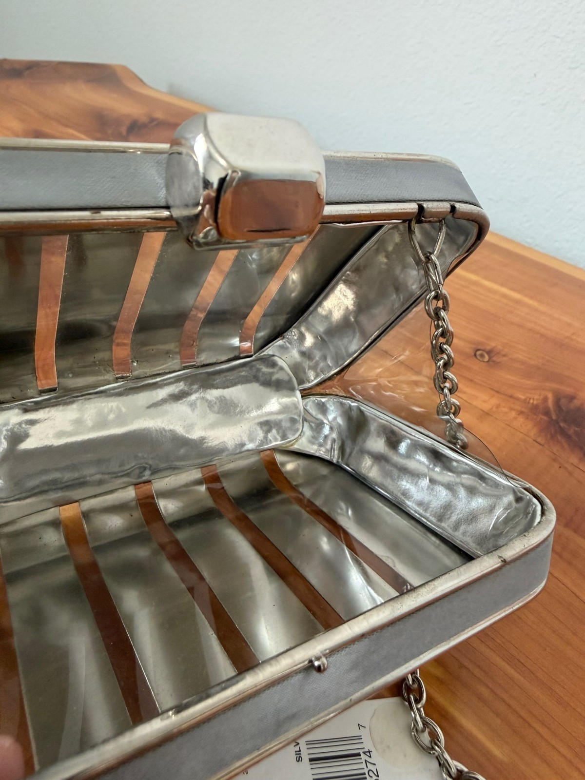 Jessica McClintock Silver Tone Metal Mini Clutch Bag with Chain Strap