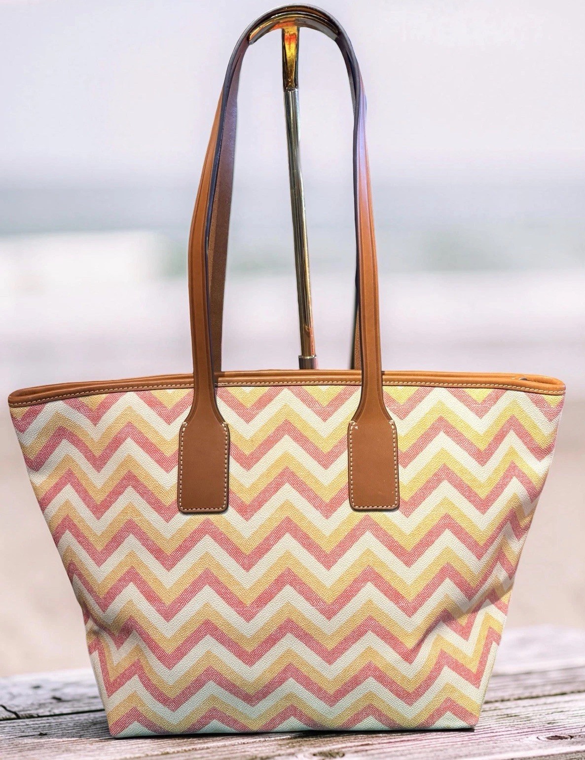 Dooney Bourk Chevron Zig Zag Orange Yellow Pink Large Shopper Tote Shoulder Bag