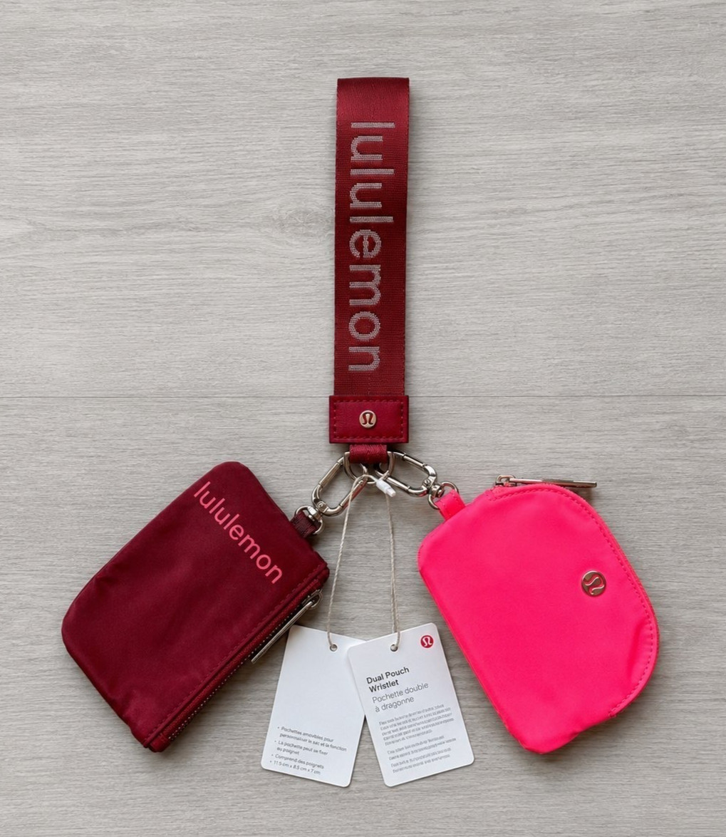 Lululemon Dual Pouch Wristlet Keychain Wallet Red and Pink Wordmark