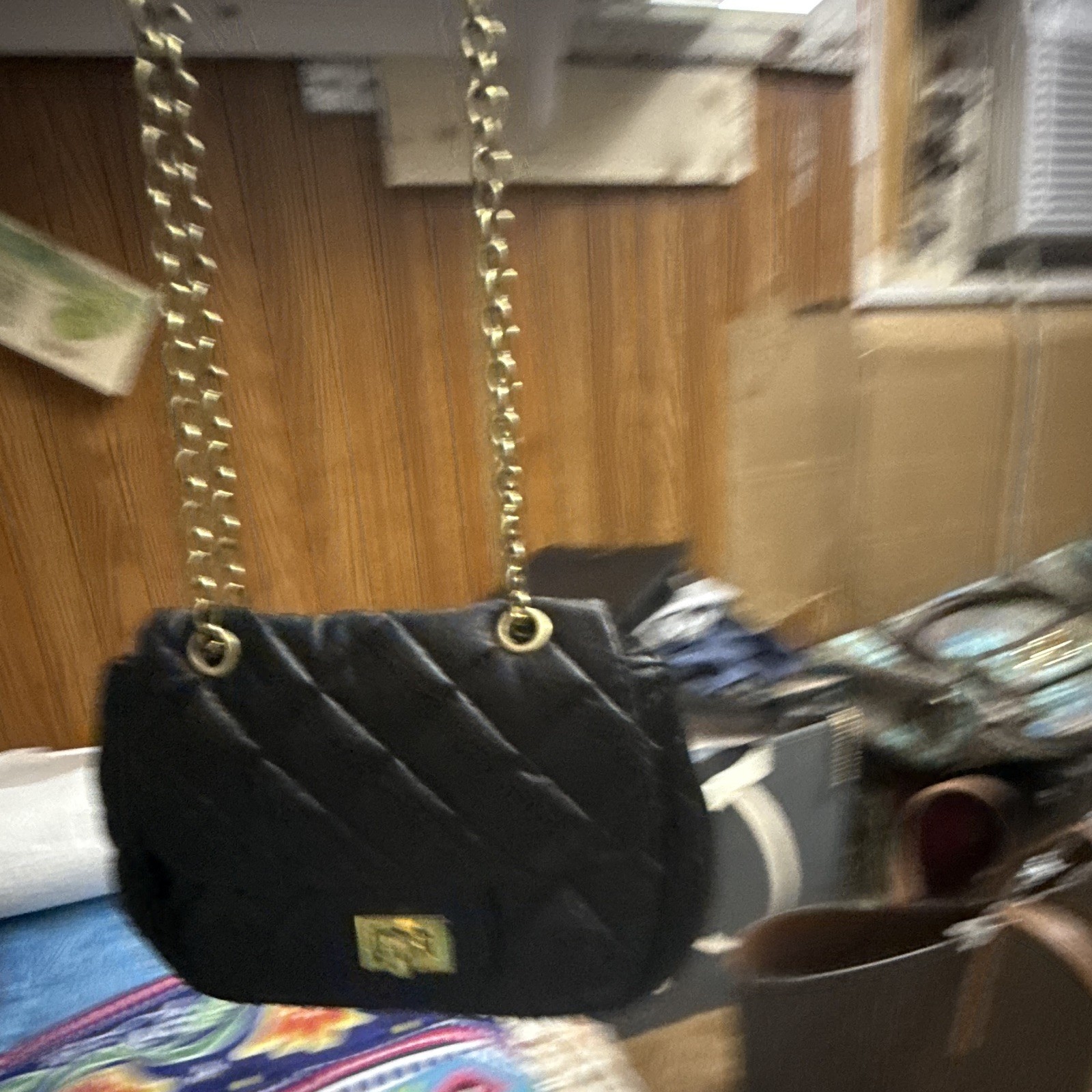 Black Quilted Shoulder Bag, Gold Chain Strap, Turn-Lock Closure, Solid