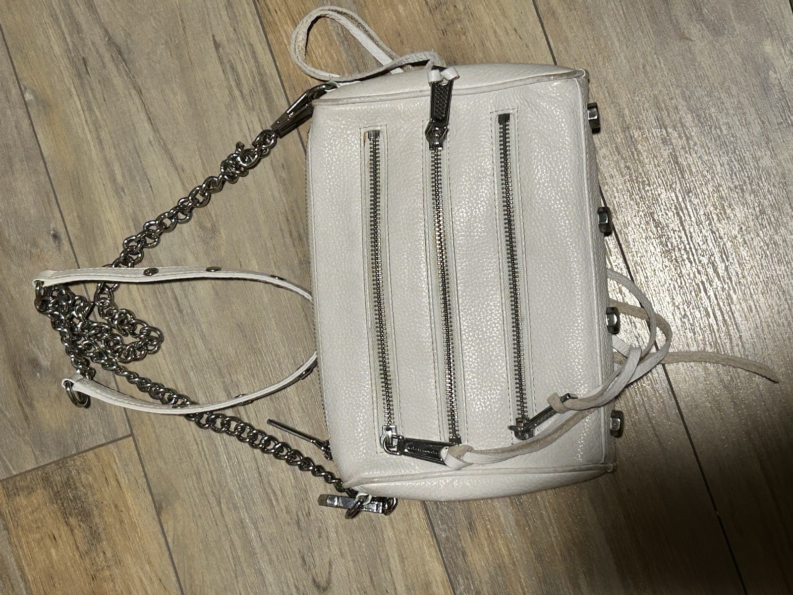 White Pebbled Small Crossbody Bag, Triple Zip, Silver Chain Strap, Studs
