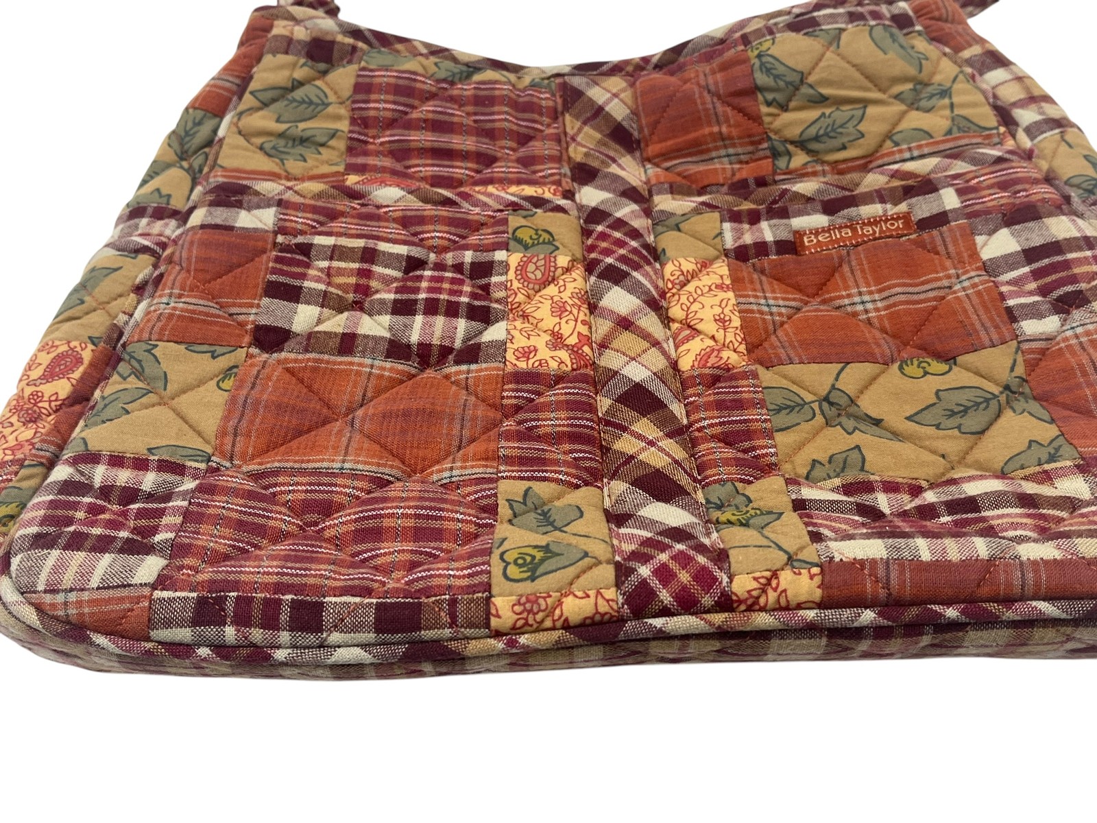 Bella Taylor Quilted Patchwork Tote Bag Burgundy Plaid Country Farmhouse Purse