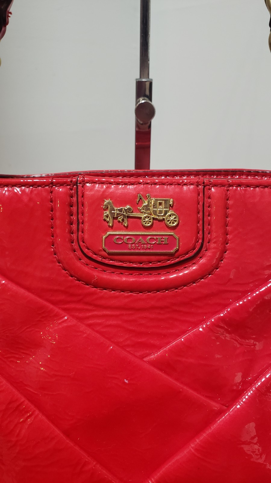 Coach Madison Diagonal Pleated Patent Leather Tote Bag