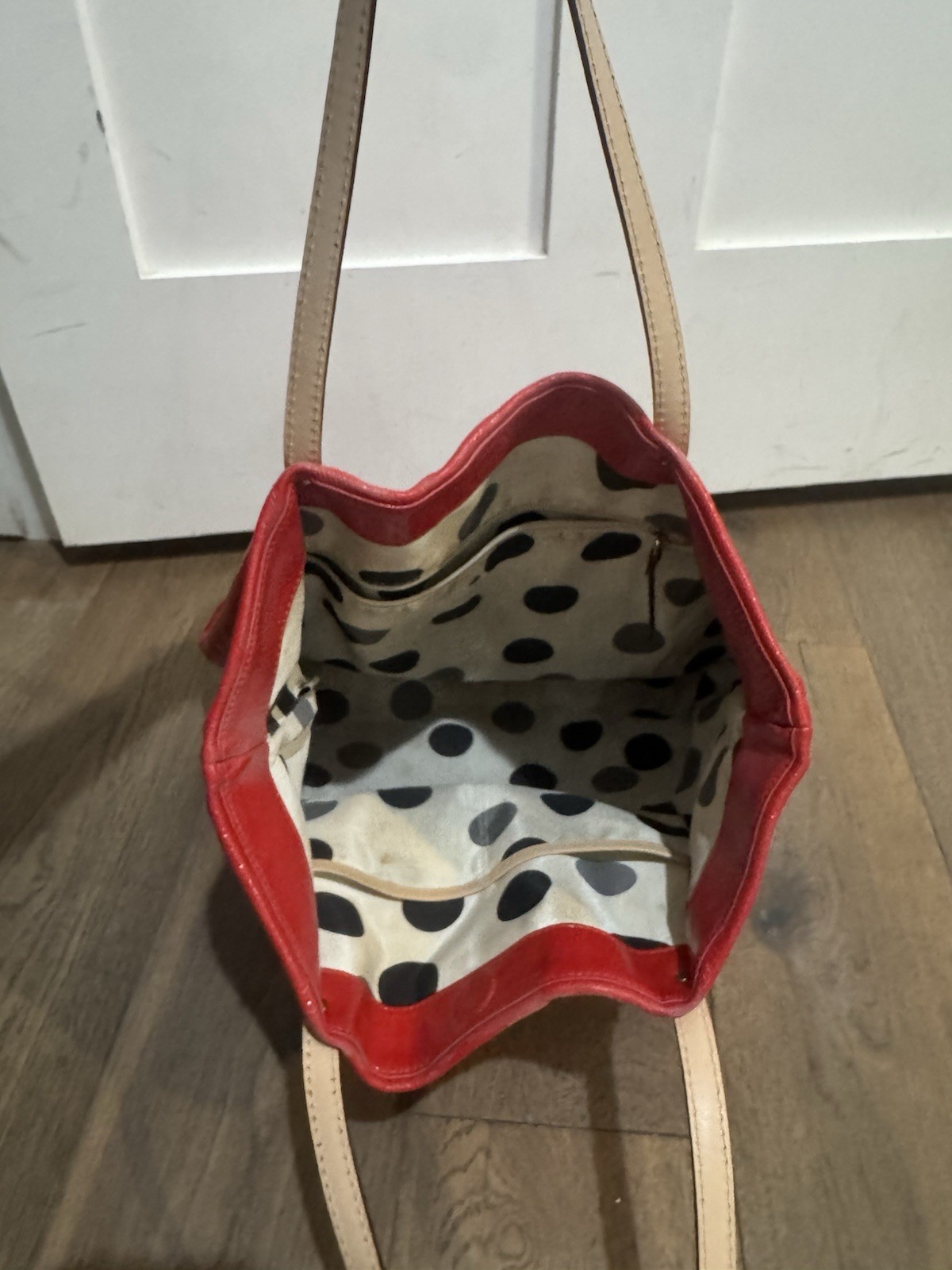 kate spade new york Red Tote Bag Beige Straps, Polka Dot Lined, Gold Hardware