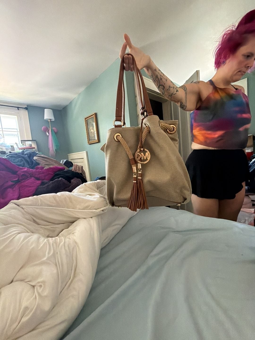 MICHAEL Michael Kors Marina Canvas and Leather Drawstring Bucket Bag with Tassel