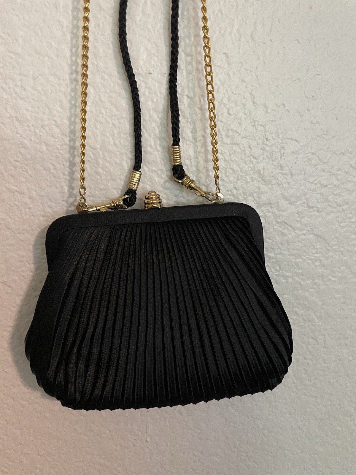 Small Black Satin Pleated Handbag 5 1/2 X 7 Inch Gold and Cord Shoulder Straps