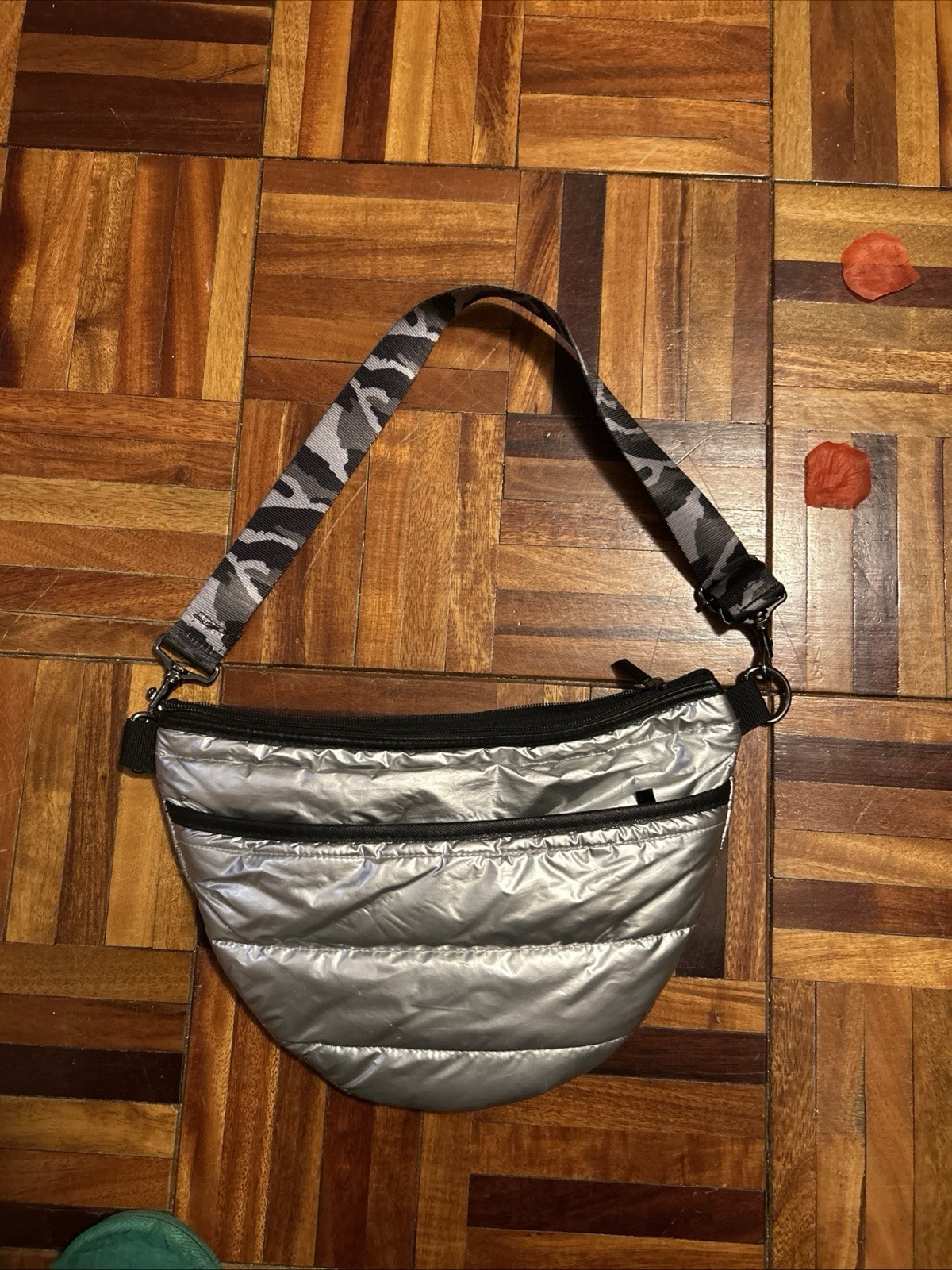 Haute Shore Metallic Silver Quilted Lightweight Shoulder Bag Camouflage Strap