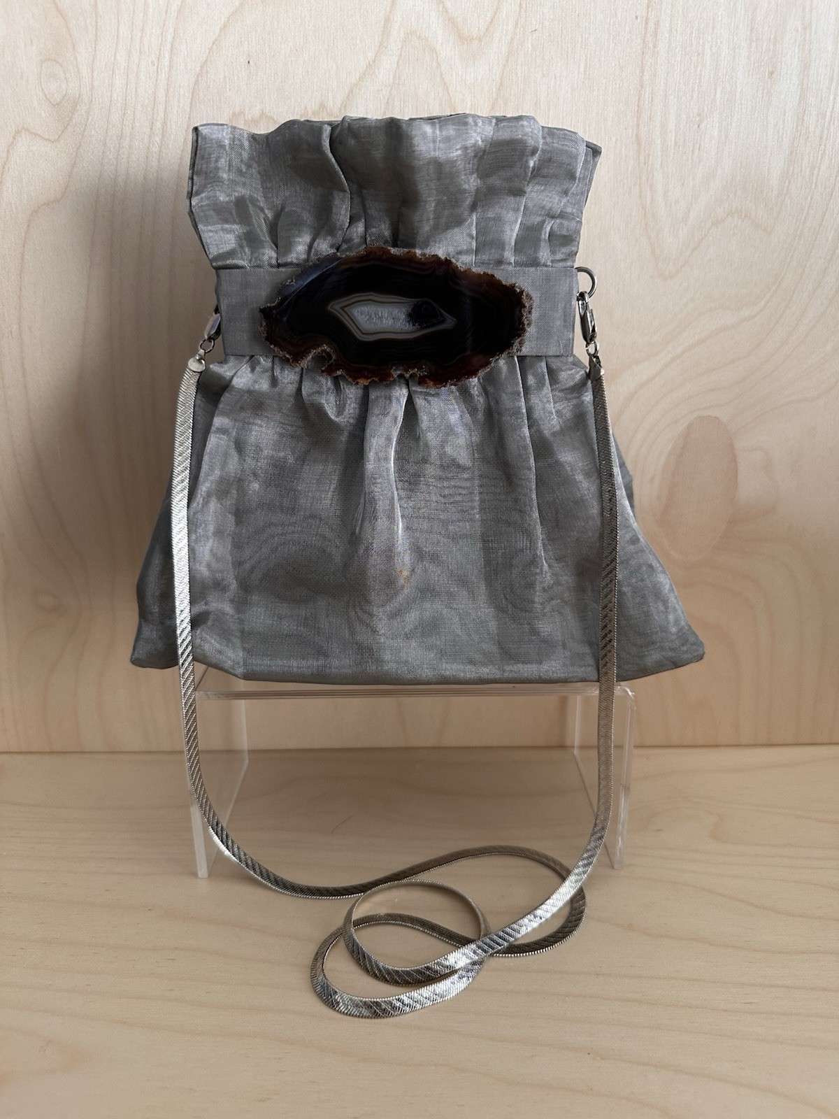 Bo’s Art Los Angeles Agate Slice Silver Organza Evening Crossbody Bag VTG