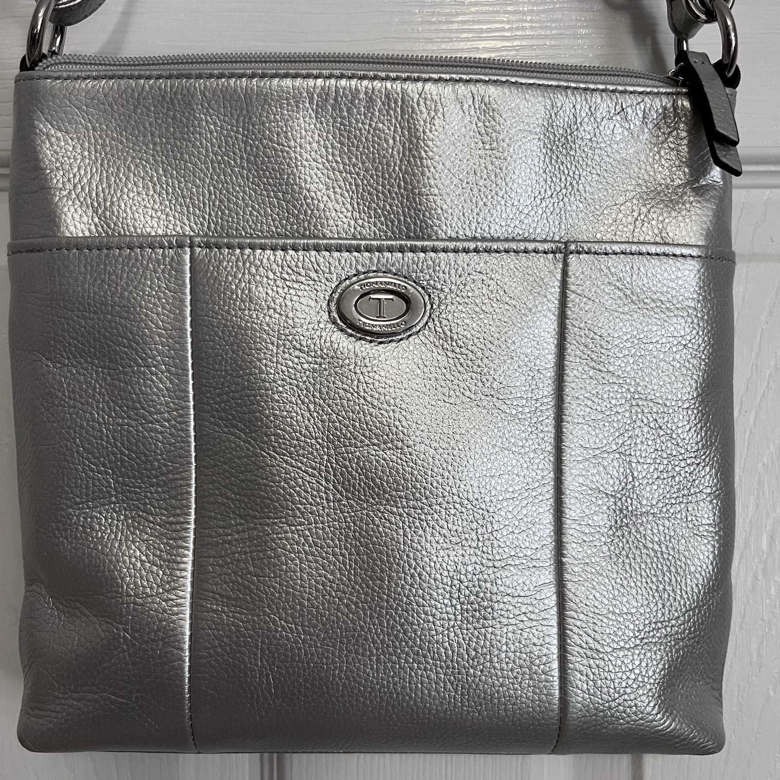 Tignanello Silver Shoulder Bag Purse Pebbled Leather Silver Toned Hardware