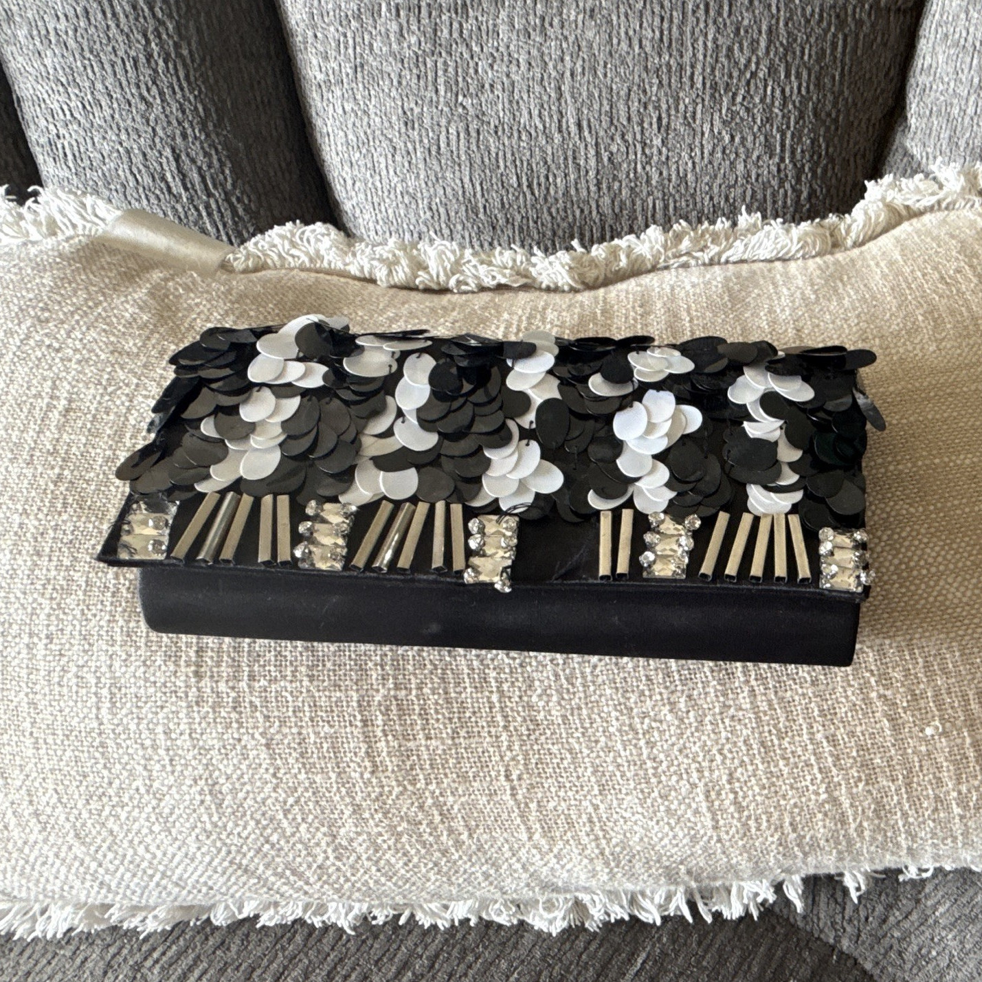 Womens Black Rectangle Clutch Purse Sequin Beaded Accents. Unique fun conversati