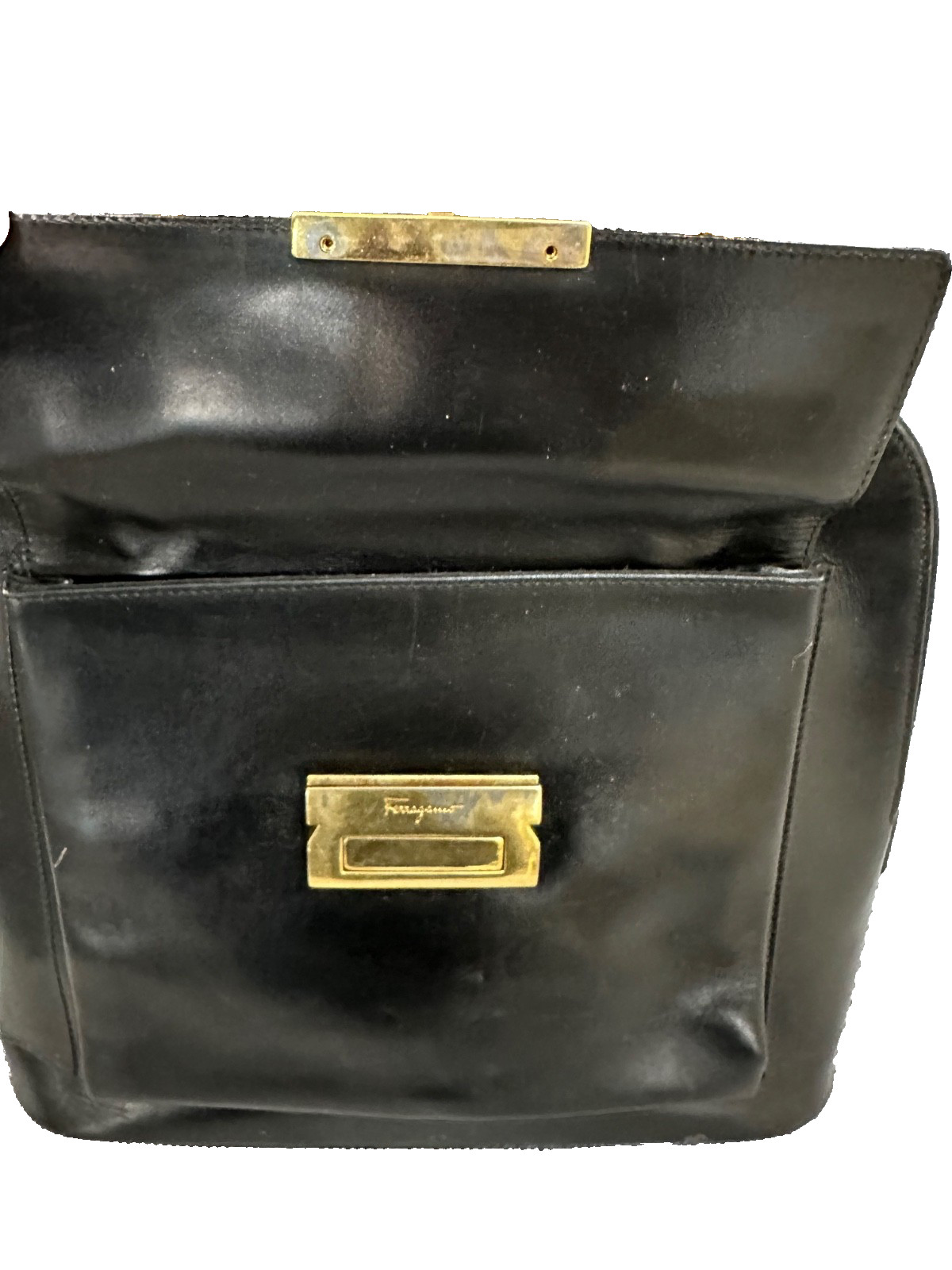 Salvatore Ferragamo Black Leather Front Pocket Satchel To Handle Bag
