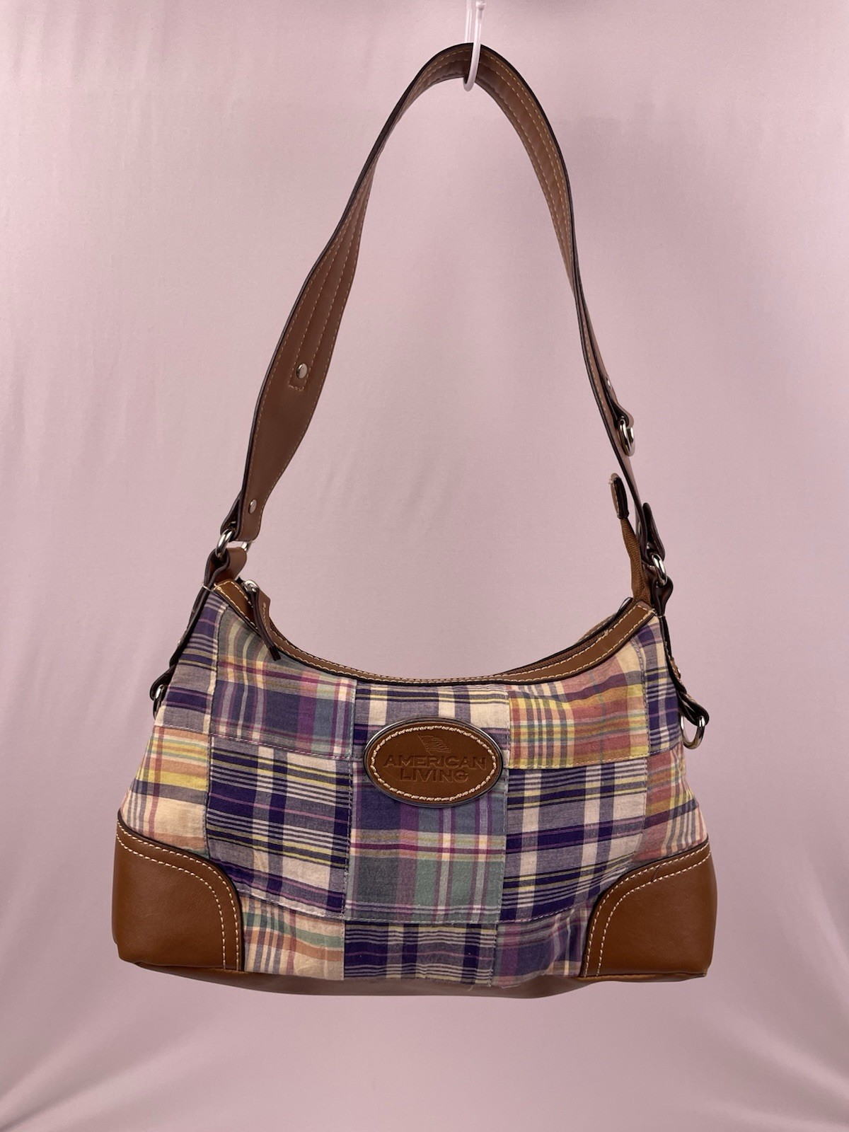 American Living Patchwork Plaid Shoulder Bag Cotton Purse Brown Vinyl Trim