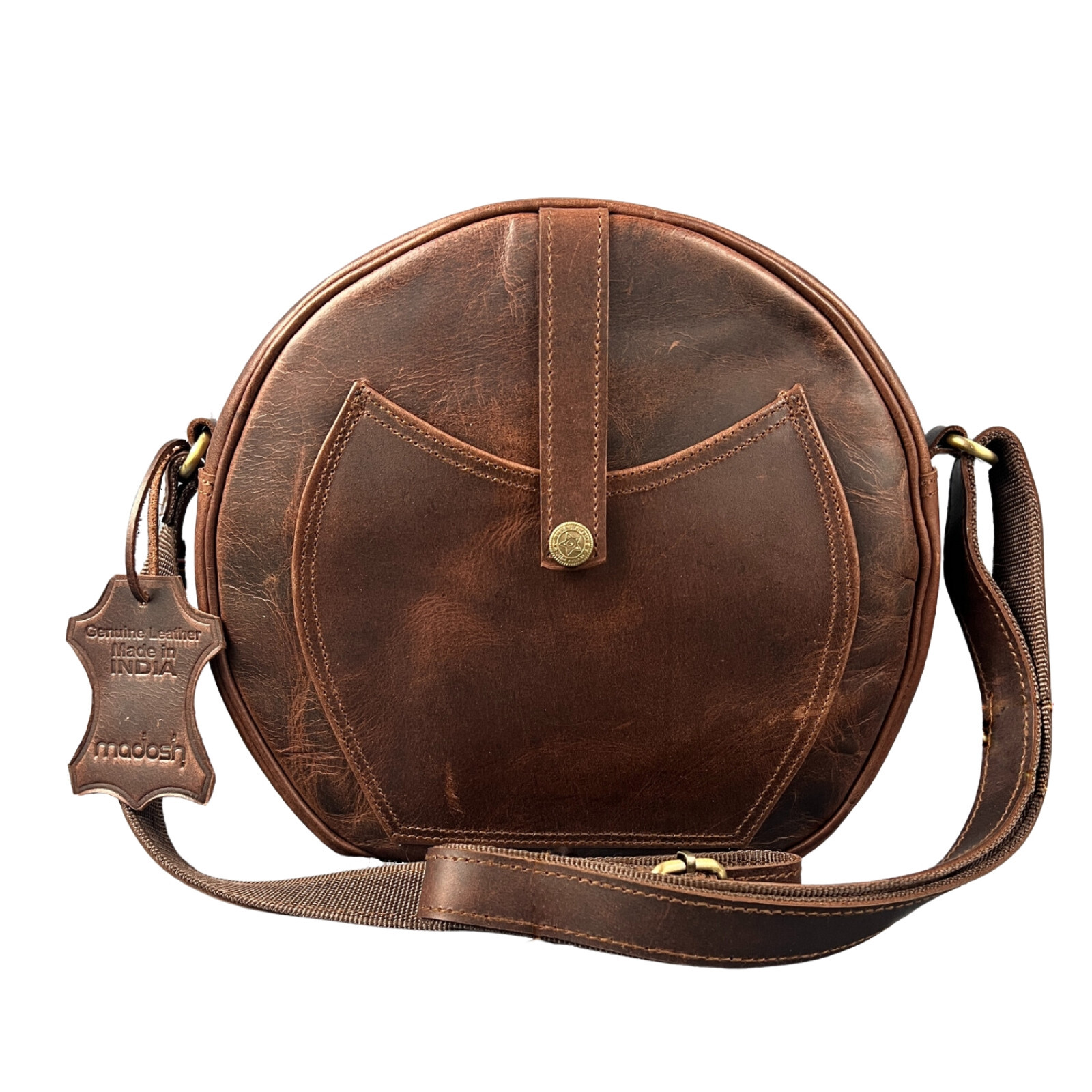 Women’s Genuine Leather Round Bag Crossbody Shoulder Purse Brown Circle Handbag