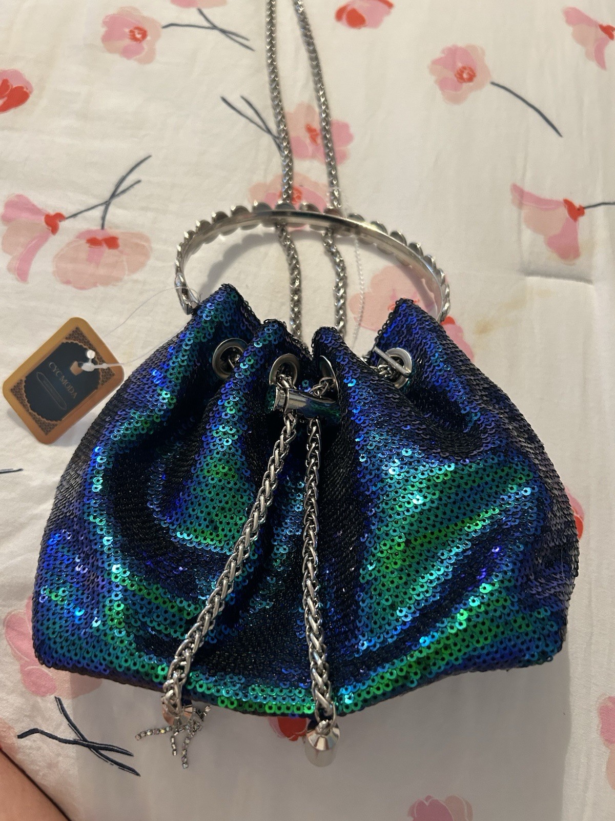 CYC MODA Women’s Blue Green Sequin Beaded Drawstring Bucket Bag Silver Chain
