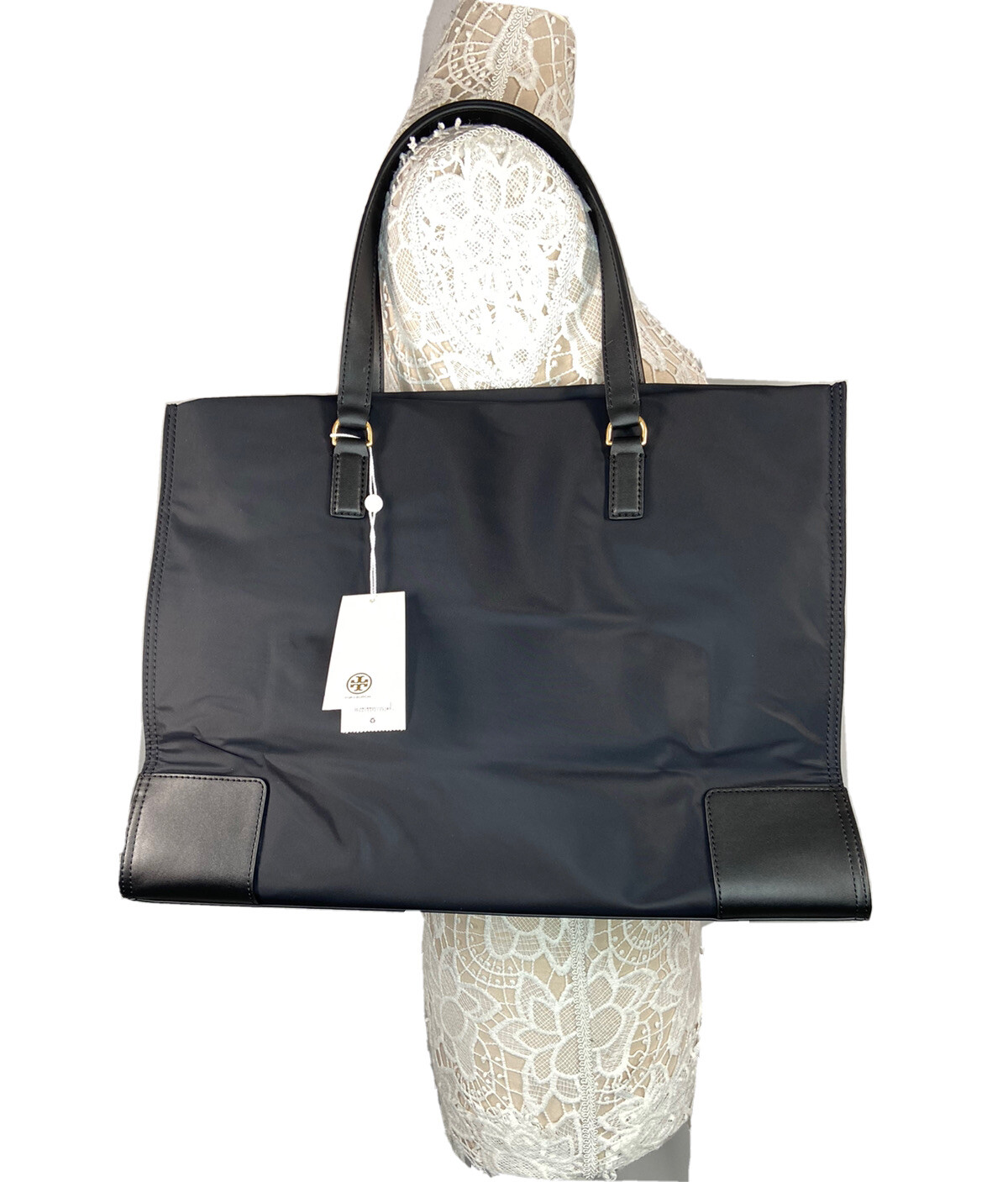 Tory Burch Ella Nylon Tote Bag Color Black W16.5xH11.5xD5″