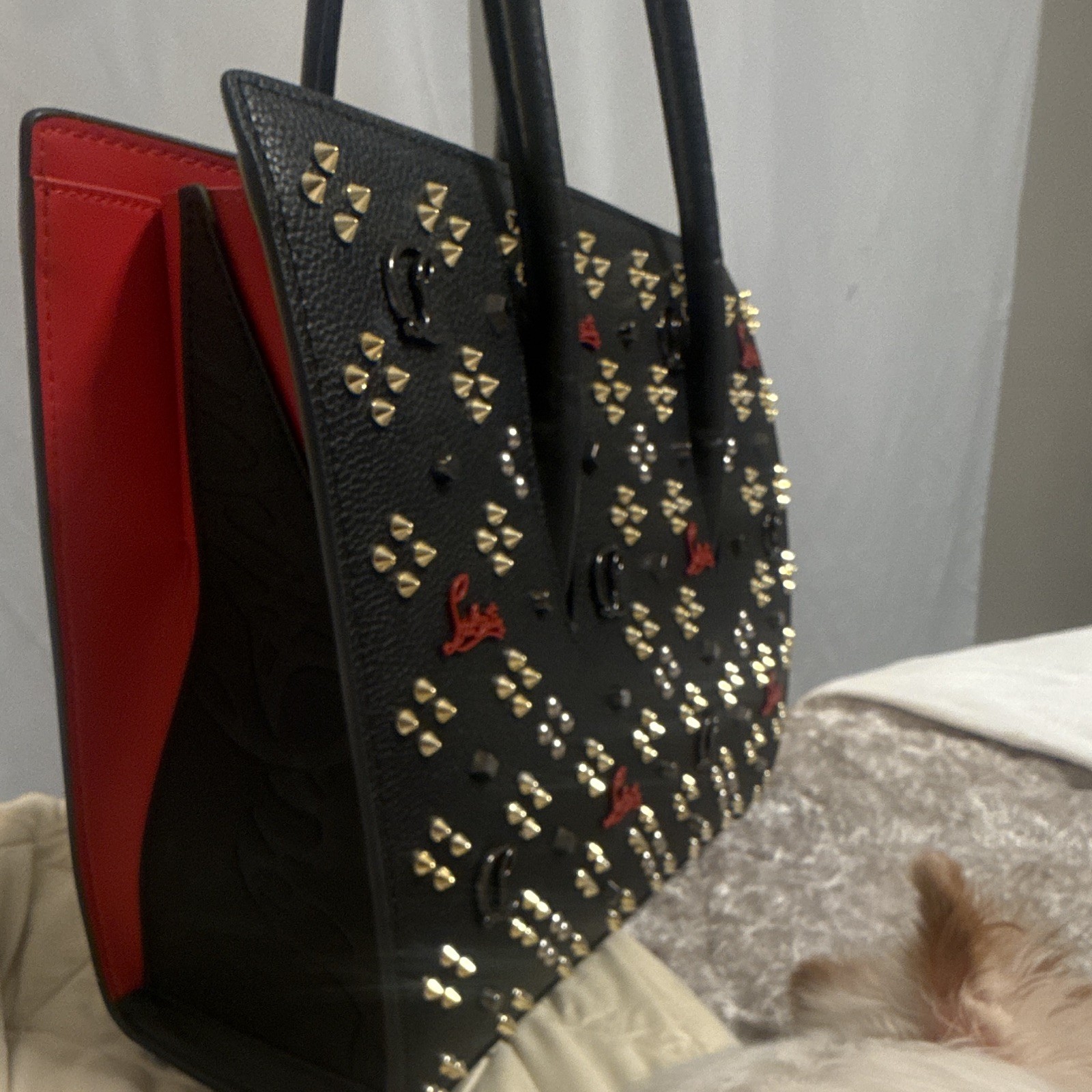 CL Black Studded Logo Tote, Detachable Strap, Zip, Red Lining