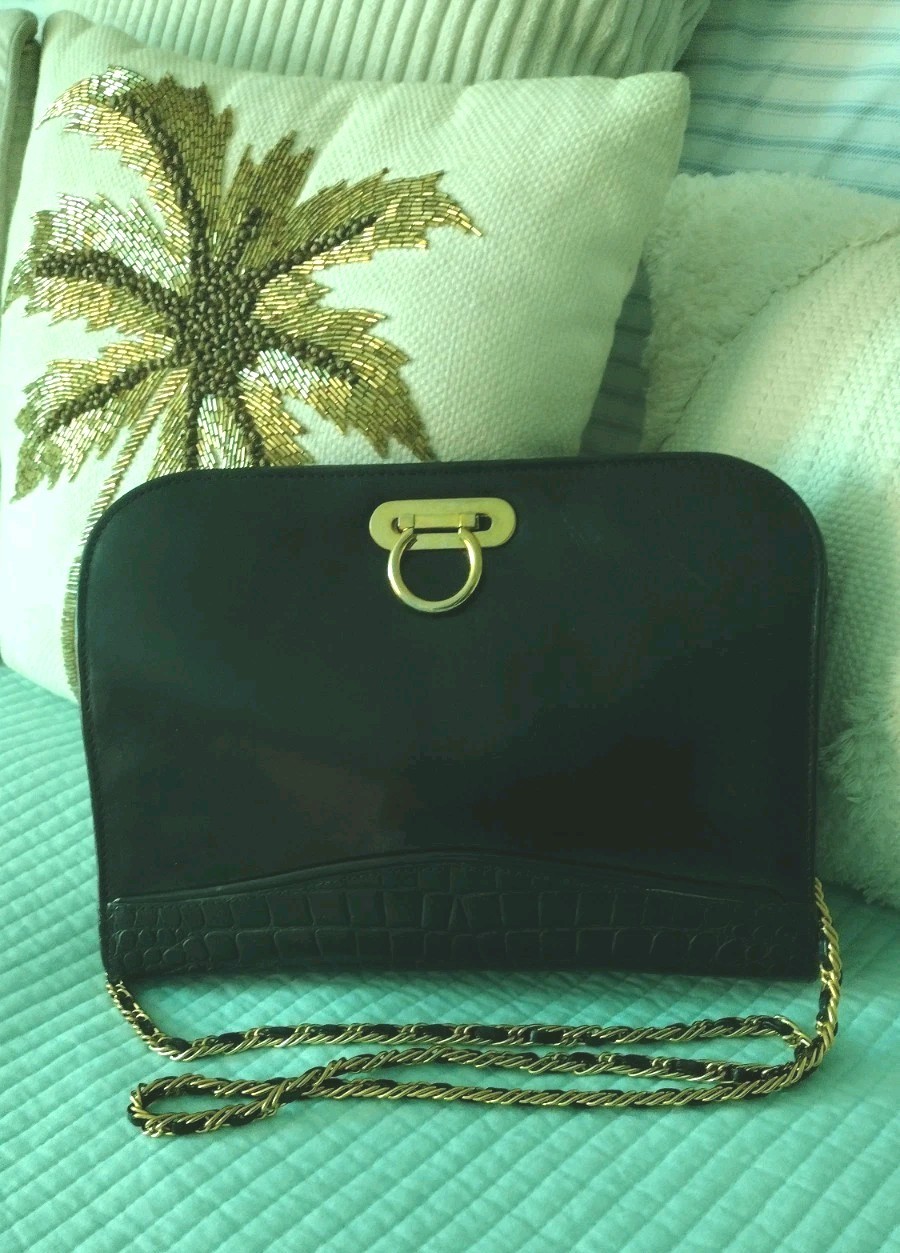 VINTAGE PORTOFINO BLACK LEATHER BAG GANCINI HARDWARE CROC EMBOSS TRIM