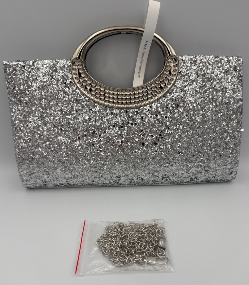 Silver Sparkly Evening Clutch Handbag Ring Handle Crystal Formal Wedding PromBag