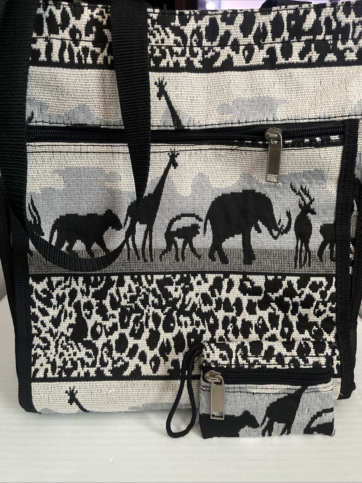 Jade Safari-themed tapestry Canvas Animal Print tote Bag W/Matching Coin Purse