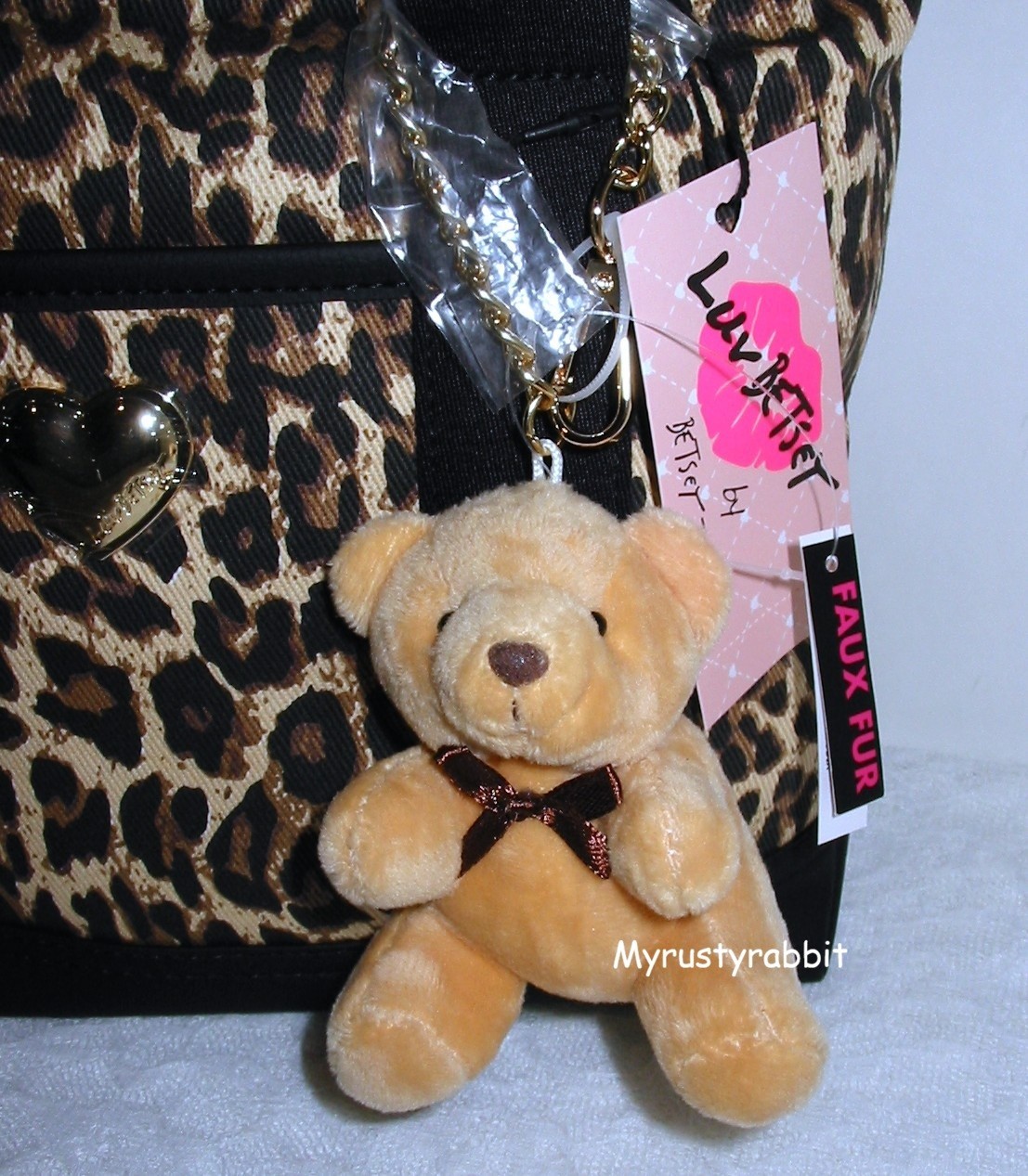 Betsey Johnson Leopard Print Crossbody Tote Bag w Teddy Bear Charm Brown & Black