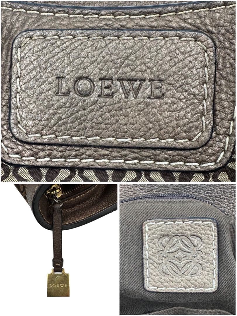 LOEWE Anagram New Road Canvas Leather Handbag Tote Charm Brown Gold 22cm