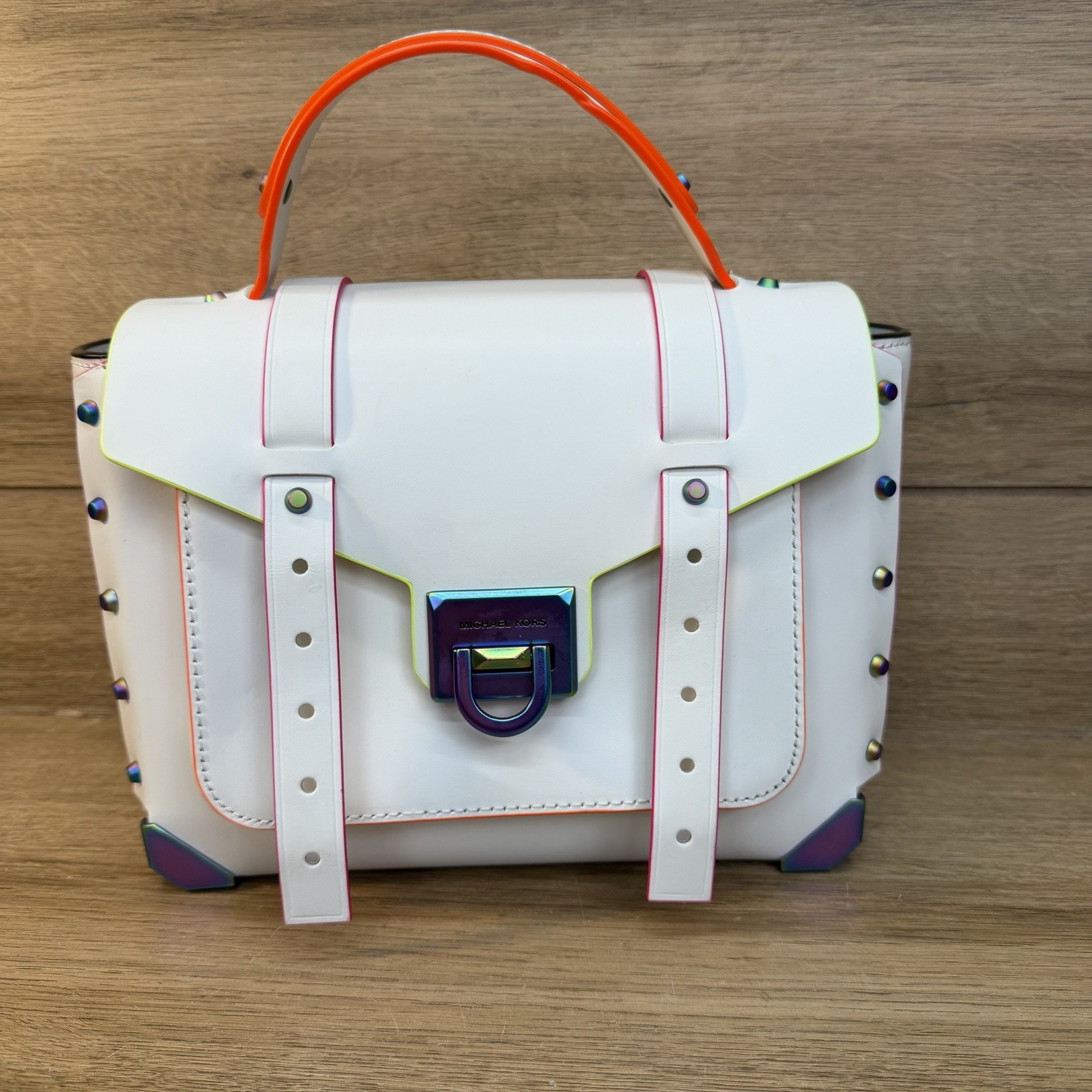 MICHAEL KORS Manhattan Medium Leather Optic White Satchel Top Handle Bag