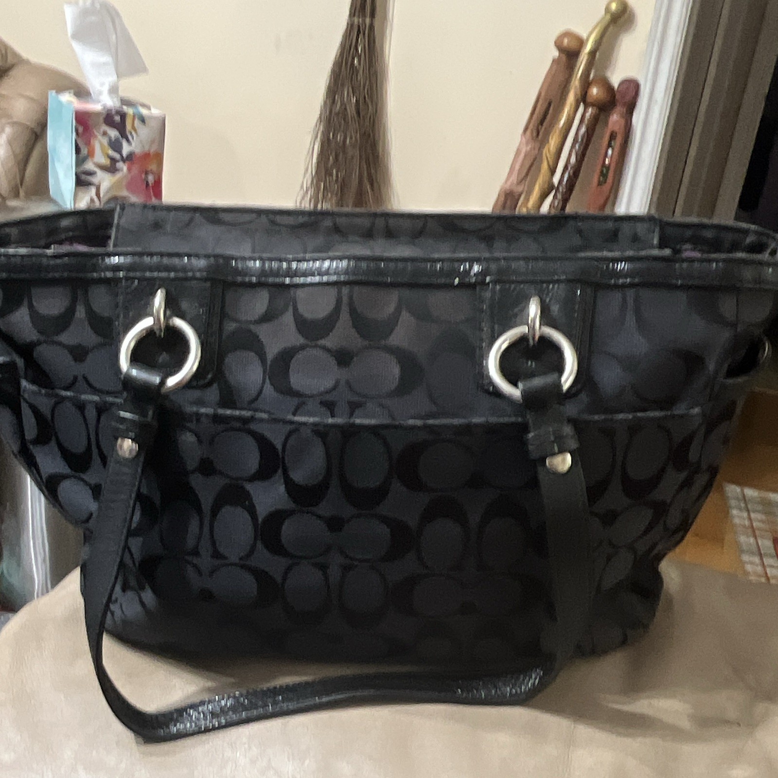 Coach Black/Gray Signature Logo Shoulder Bag Zip Silver Hardware Purple Lining