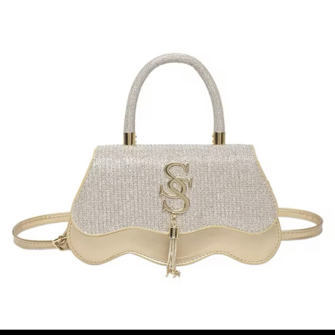 Women’s Small Glitter Top Handle Bag Silver/Beige Detachable Strap Gold Hardware