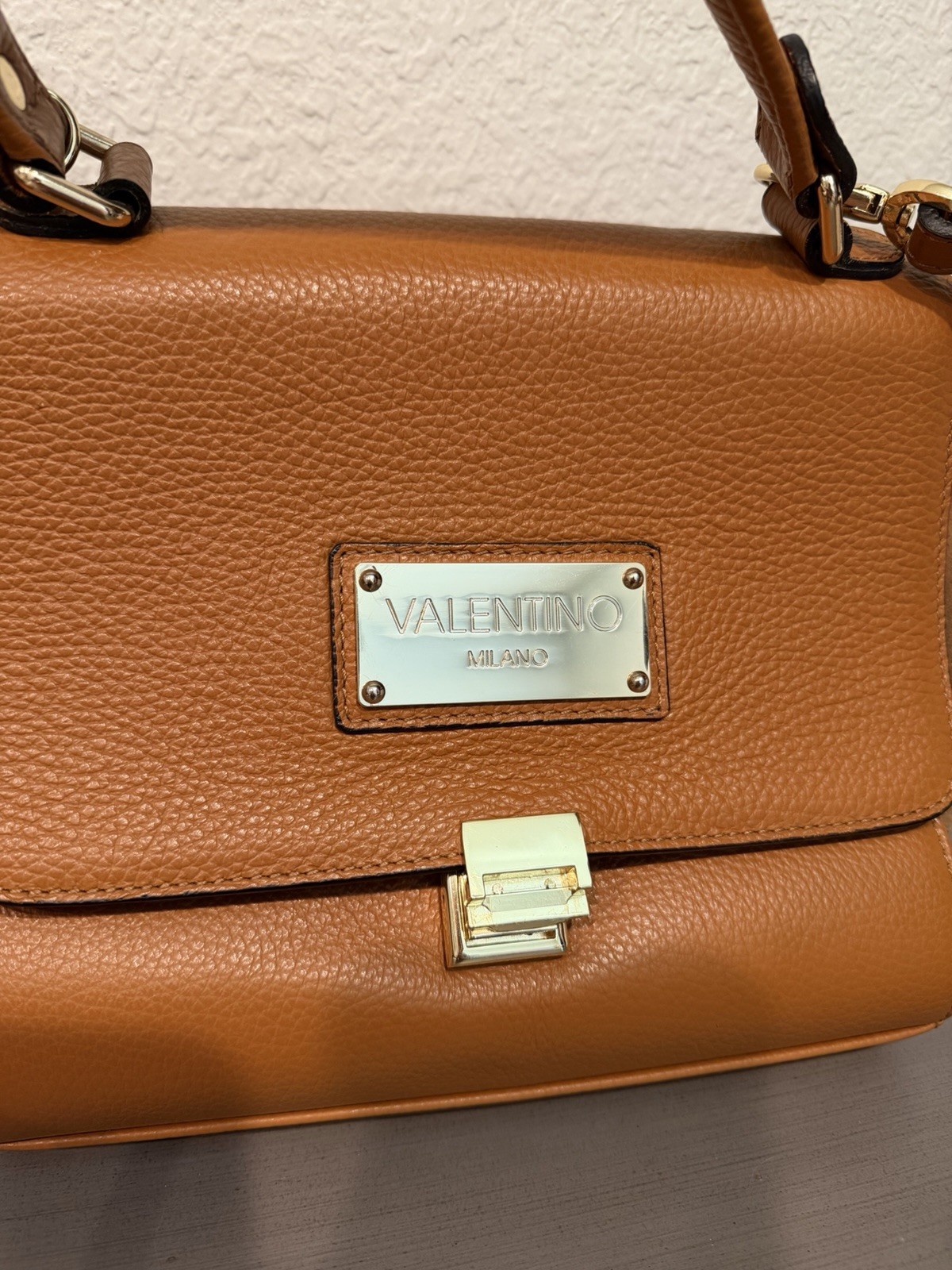 Valentino Brown Pebbled Top Handle Satchel Crossbody Turn Lock Gold Hardware