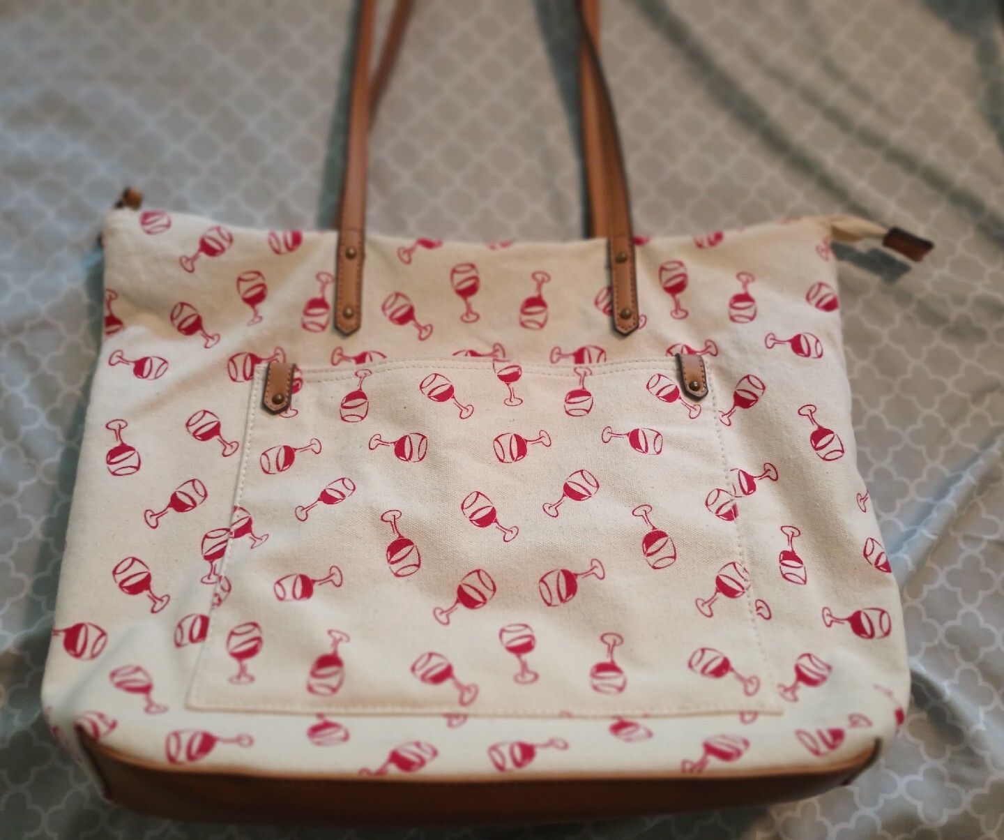 Sonoma Purse Bag Wine Glass Print Cream And Red Non Leather Handle