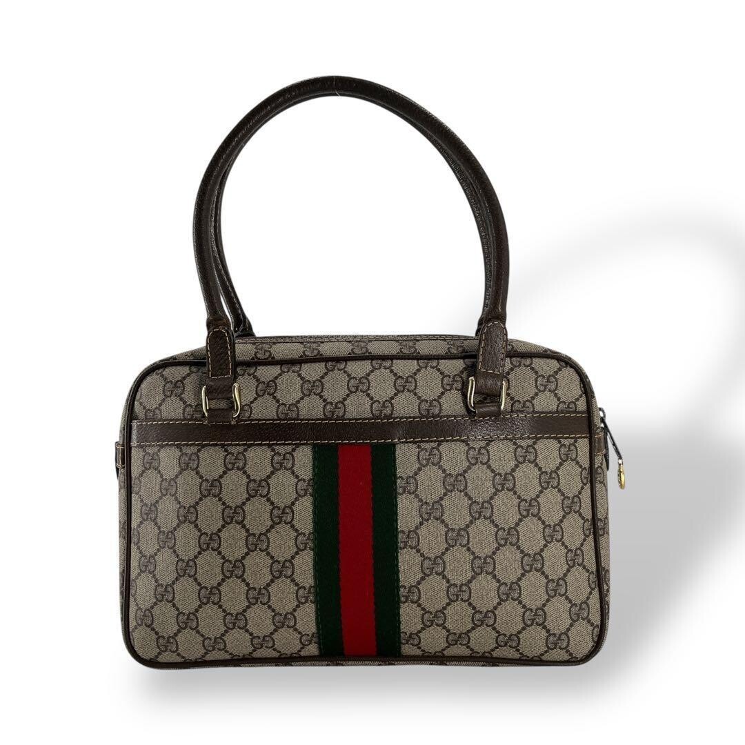 Gucci Mini Boston GG Supreme Web Stripe Handbag Beige Brown Auth