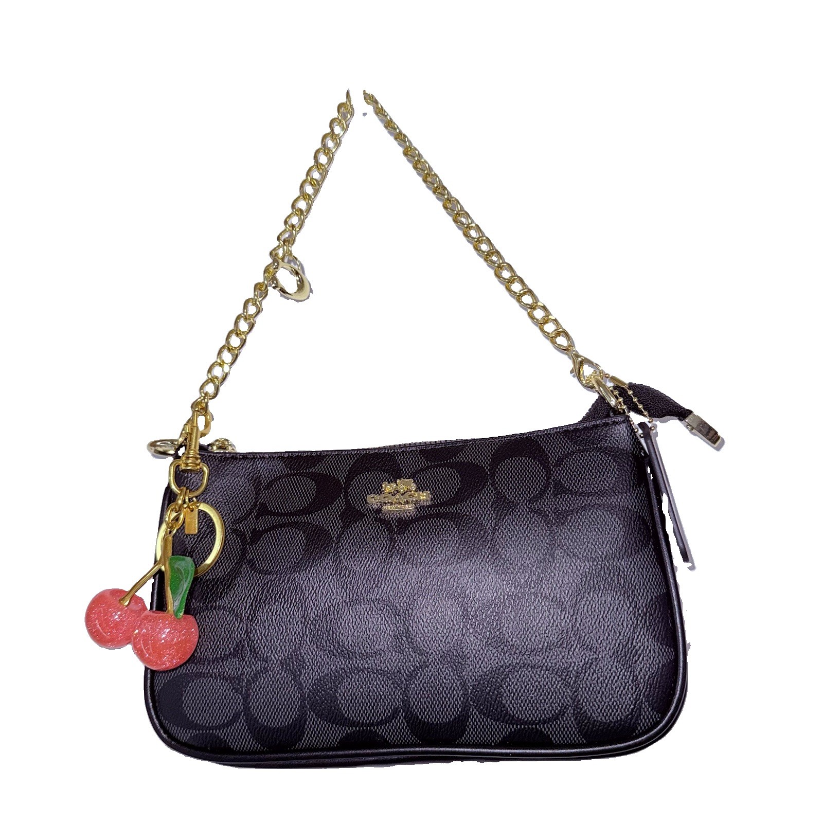 Coach Signature Logo Small Pink Shoulder Bag Chain Strap Cherry Charm Zip