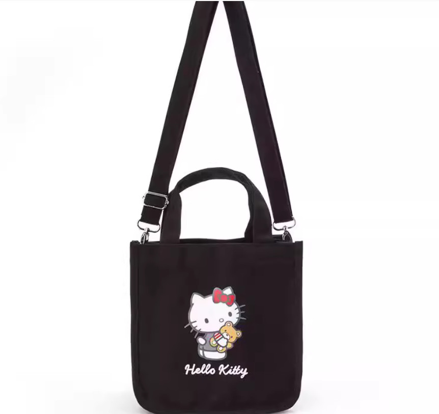 Pretty Hello Kitty Zipper Black 100% Canvas Cotton 2 Handle Tote Bag L New