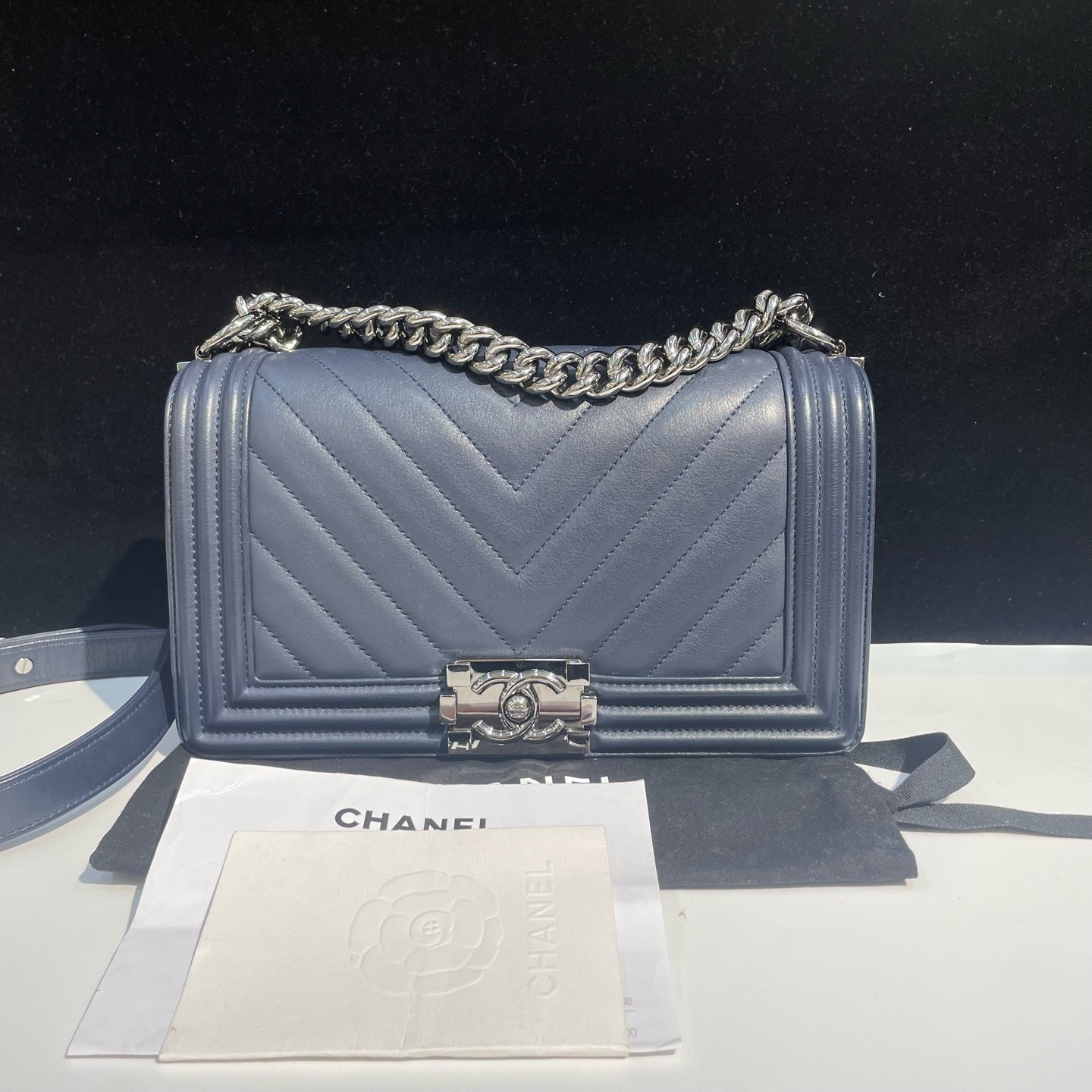 Chanel Le Boy Chevron Calfskin Blue Medium Shoulder Bag Silver Hardware