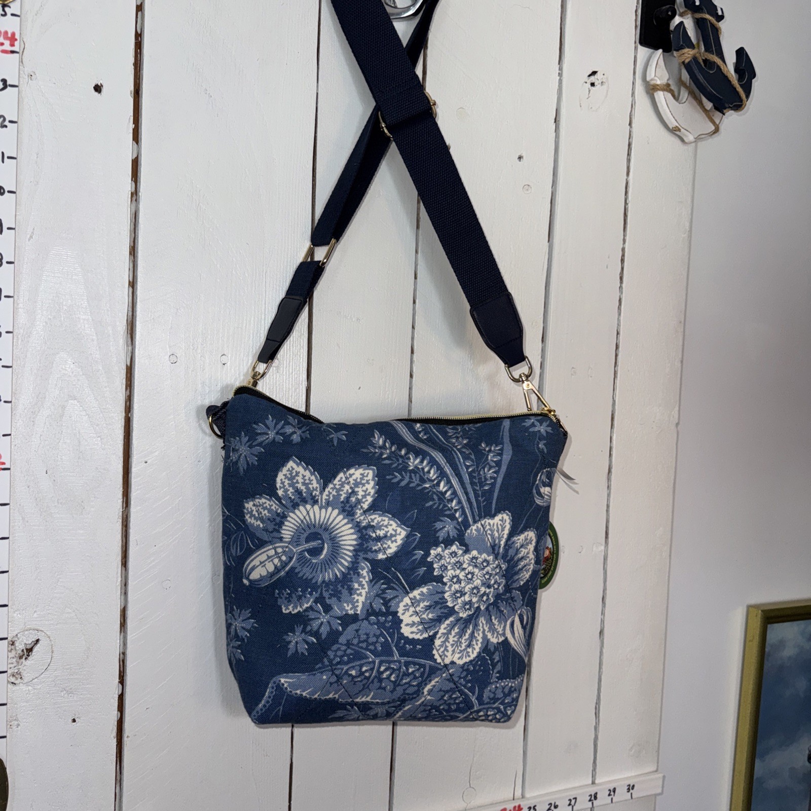 Hand Made Handbag Blue Canvas With White Flowers And Pocket 0248-10