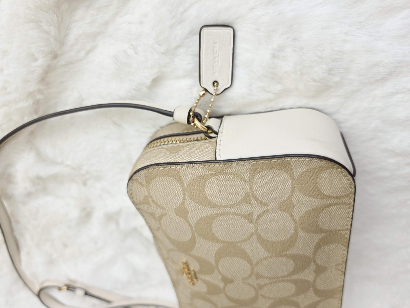 Coach Jamie White Khaki Brown Leather Signature Camera Bag Crossbody Gold HW