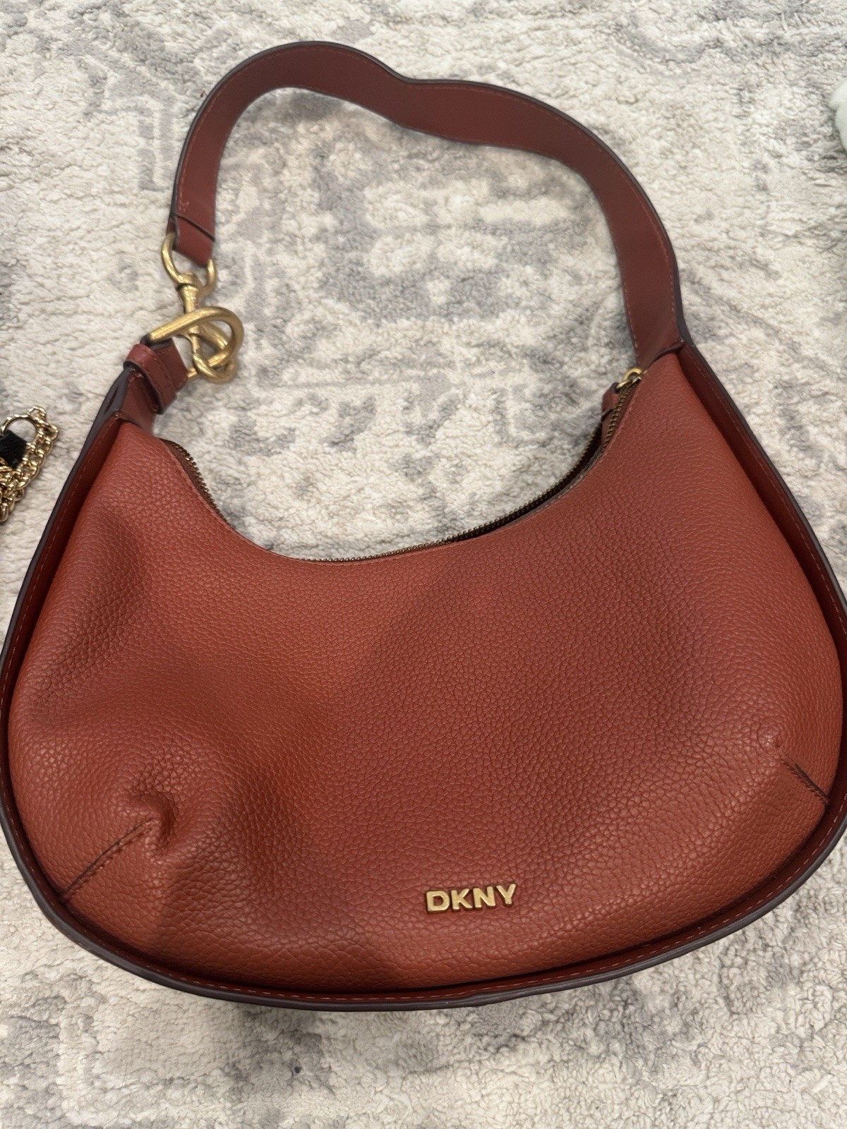 DKNY Small Crescent Shoulder Bag Brown Gold Hardware Zip + Chain Strap Pockets