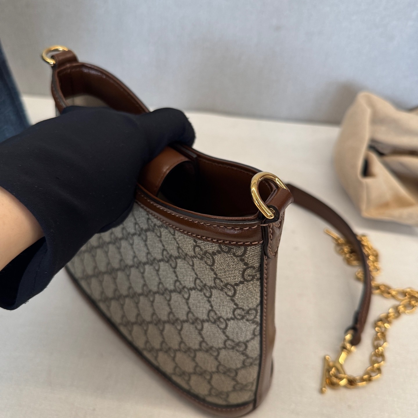 Gucci Interlocking G Normal Size Beige Brown Canvas Calfskin 3Way Bag US Ship
