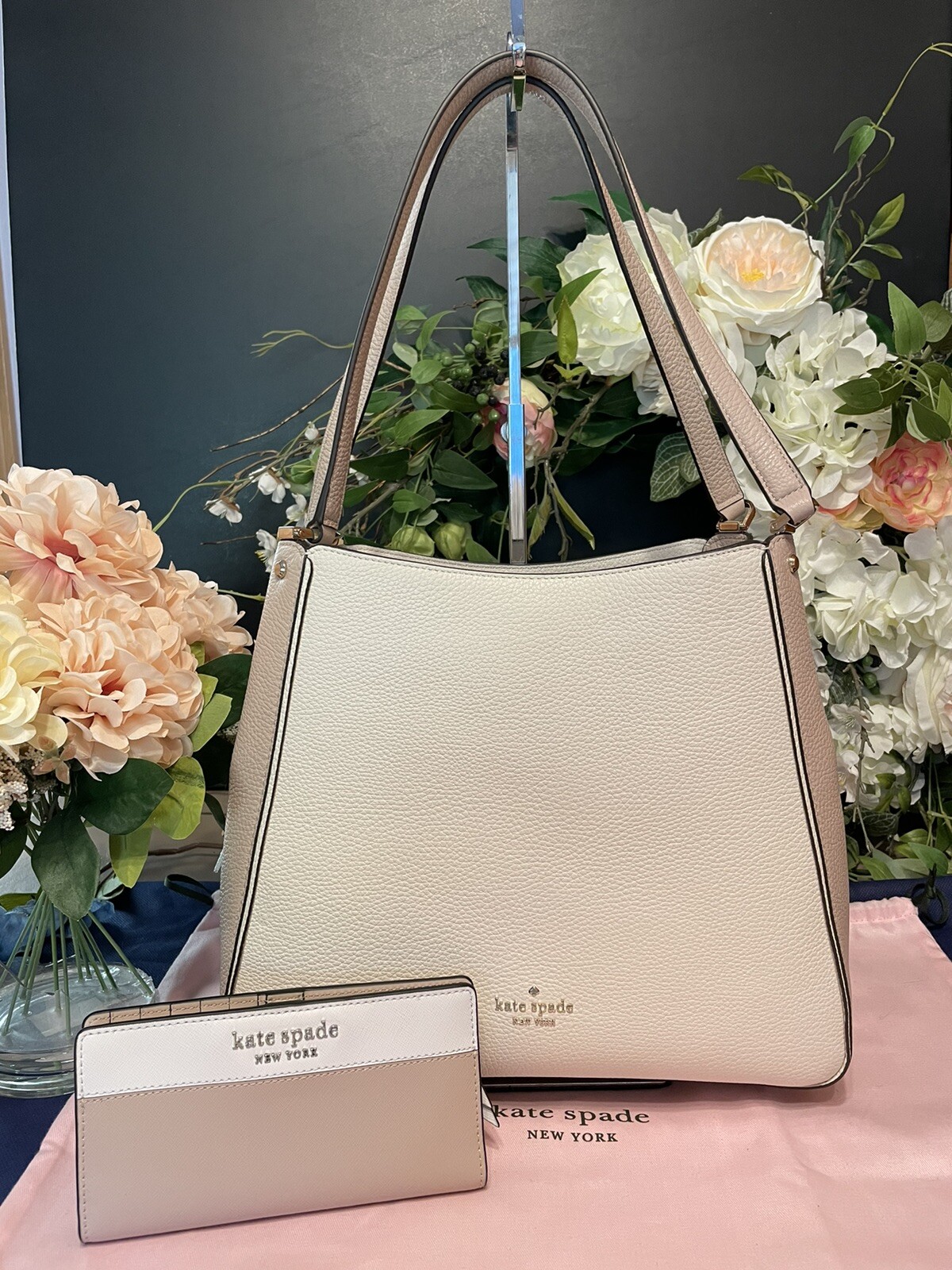 KATE SPADE Leather Triple Compartment LEILA Hobo/Shoulder Bag w/Wallet ~ Beige