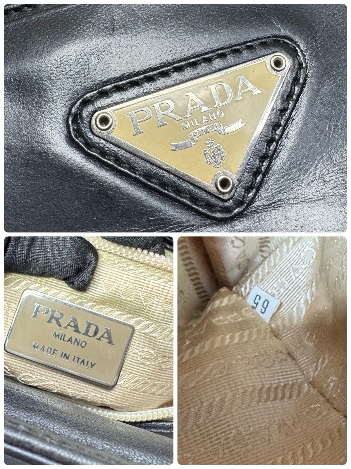 PRADA Black Leather Tote Bag Triangle Logo Vintage Top Handle