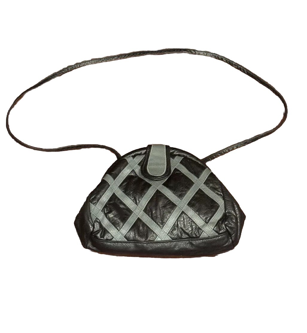 Vintage 80’s Fifth Avenue Purse Black Gray Patchwork Leather Clam Shell Snap