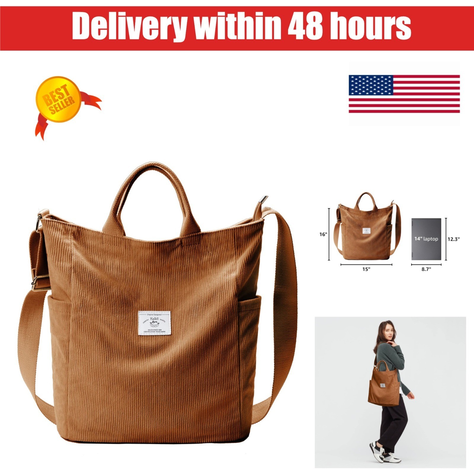 KALIDI Corduroy Tote Bag – Large Hobo Crossbody for Women