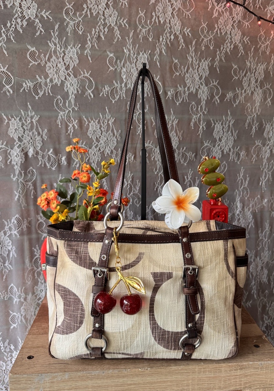 Coach Linen Signature Monogram Beige/Brown Zip Top Tote Silver Hardware