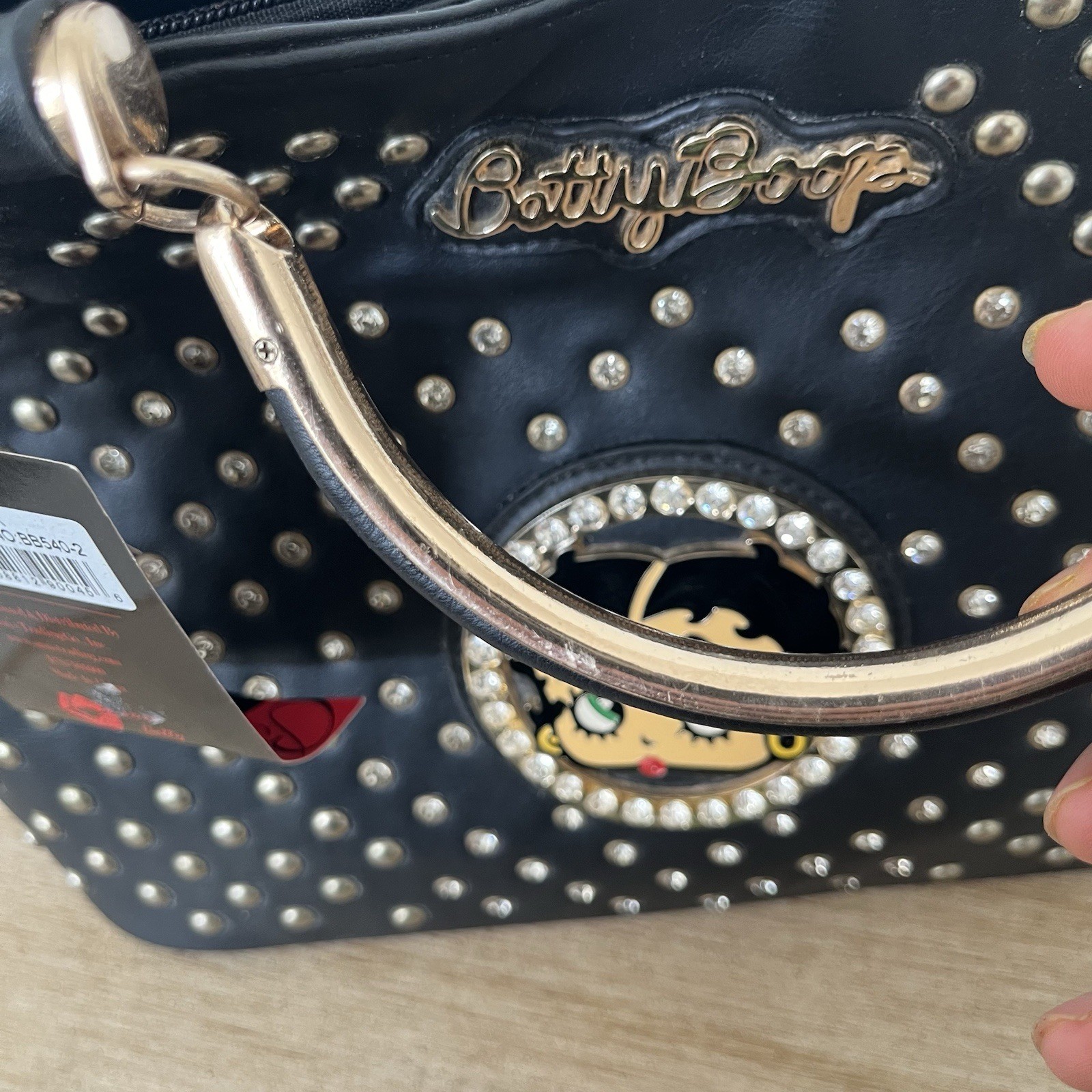 NWT 2015 Betty Boop Studded Rhinestone Satchel Purse Black Gold Ring Handles
