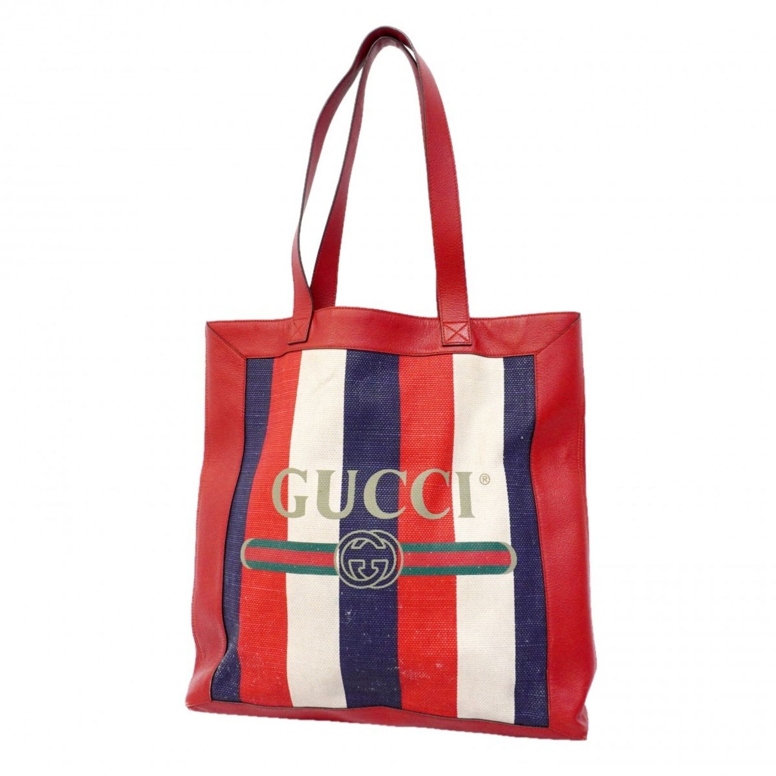 Authentic Gucci Canvas Leather Tote Bag Red Navy Women’s 15.94in x 15.74in x 3.1