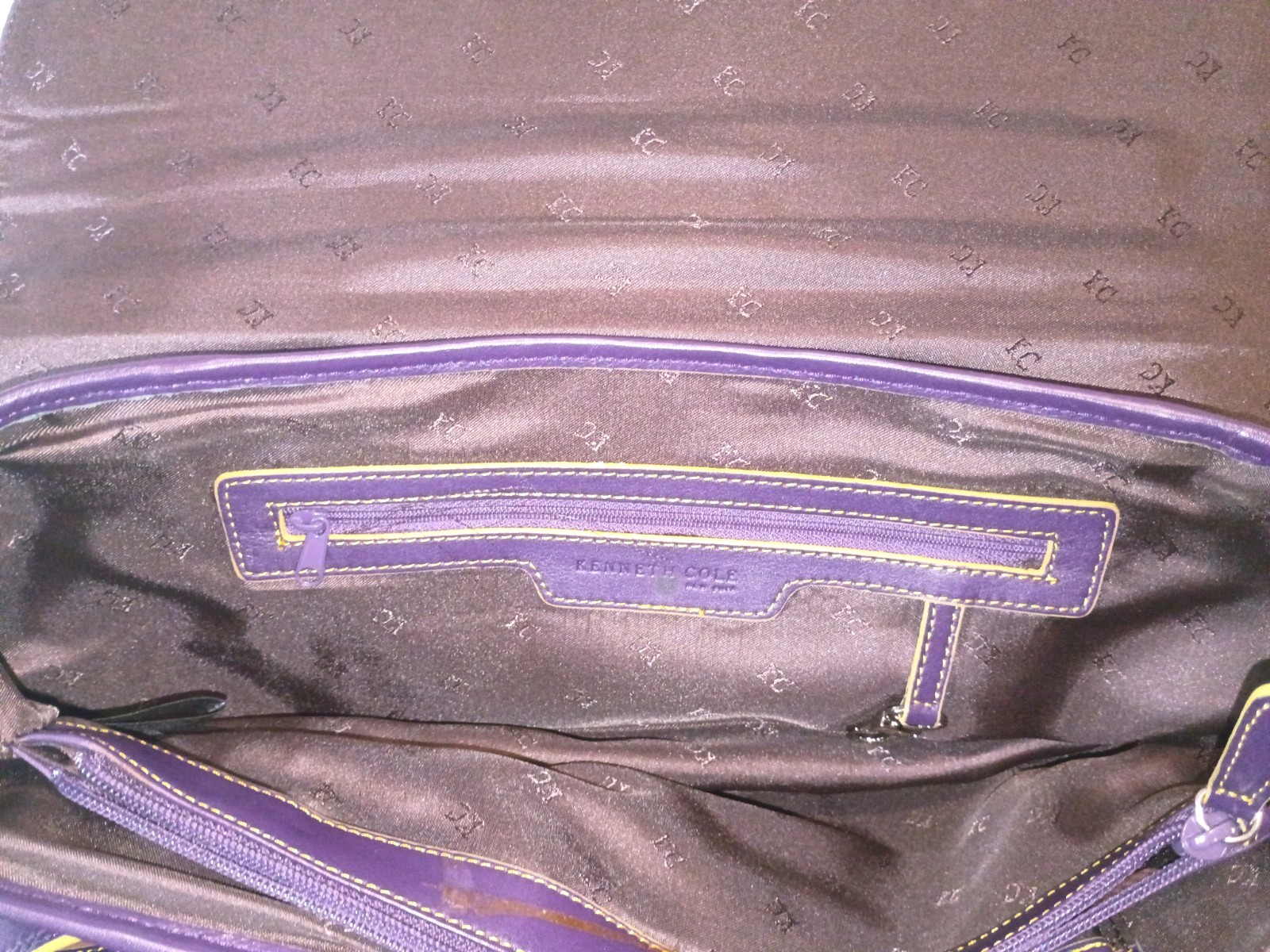 Kenneth Cole Plum Logo Satchel Top Handle Buckle Zip Silver Hardware Pockets