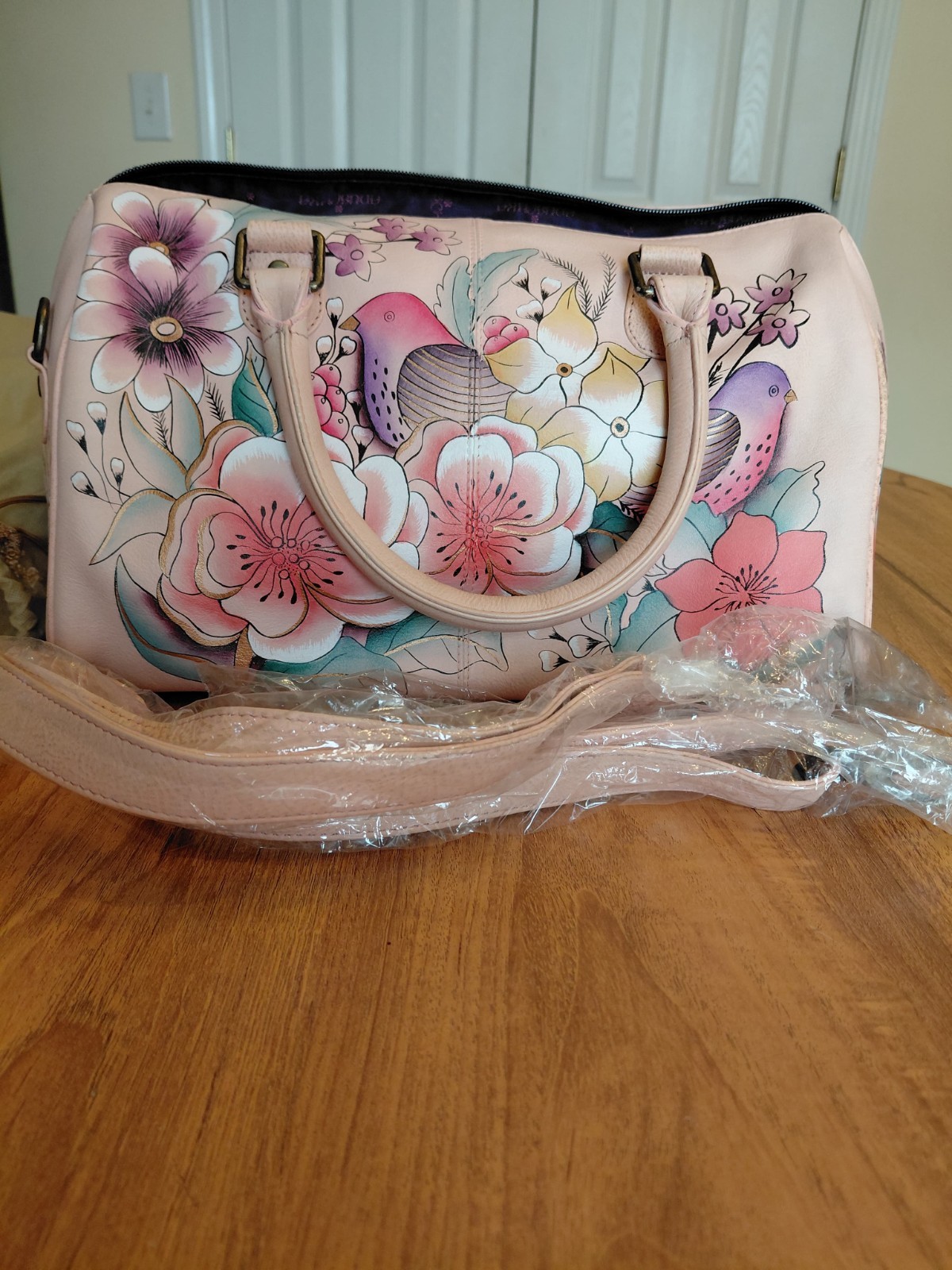 Anuschka Hand-Painted Pink Floral Satchel Zip, Detachable Strap, Dust Bag