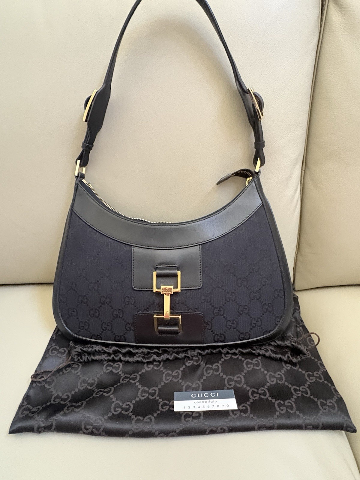 Auth GUCCI Jackie Canvas Leather Black Shoulder Bag Handbag Vintage Rare EUC