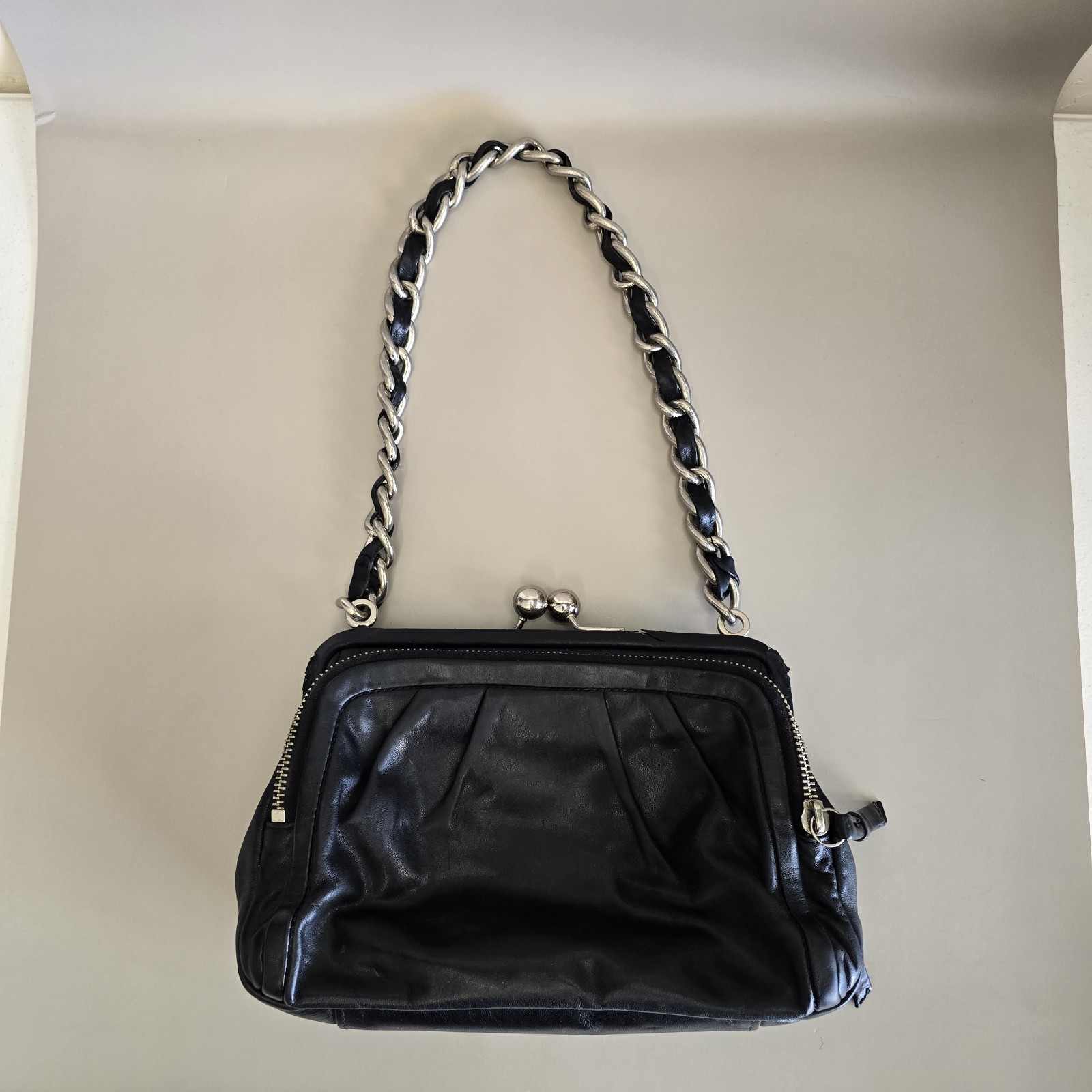 Rare Coach Parker Kisslock Black Leather Shoulder Bag W/ Chain Strap #13621